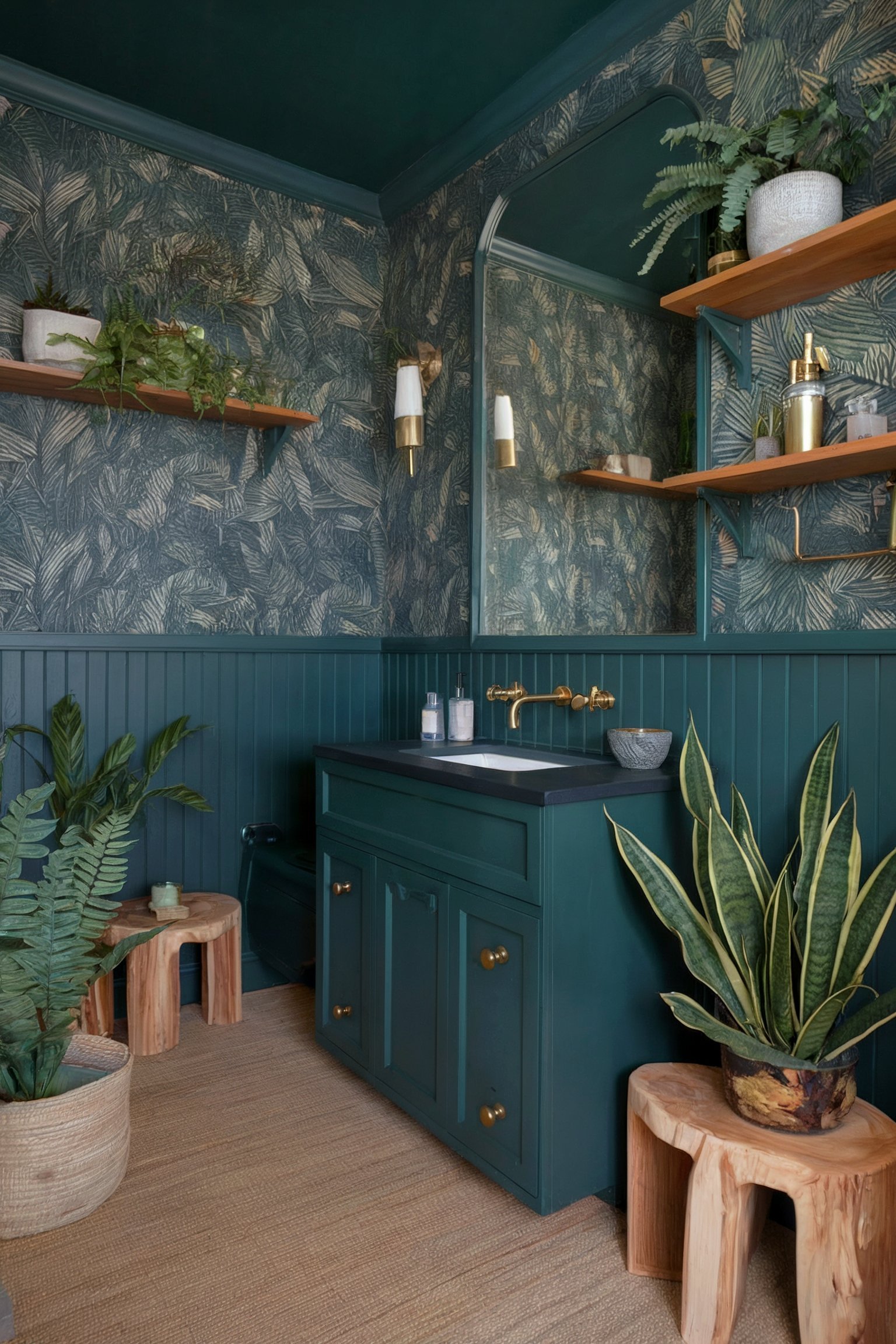 A jungle-inspired bathroom with dark green walls and tropical wallpaper, wooden shelves, and lush greenery