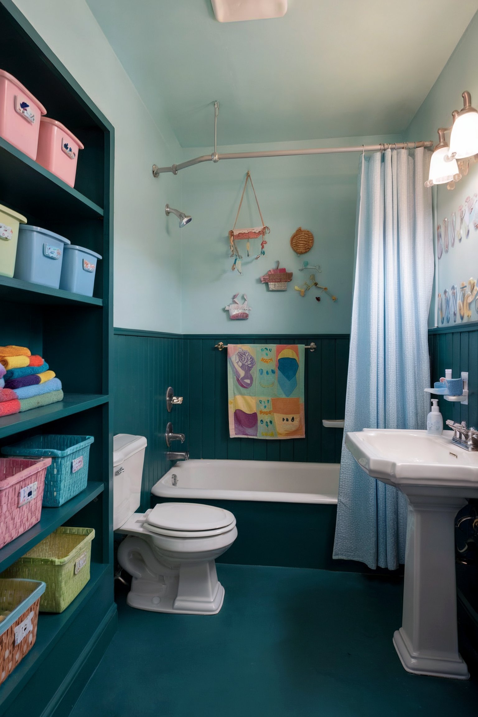 A colorful kids’ bathroom with teal wainscoting, pastel storage bins, and whimsical decor on the walls