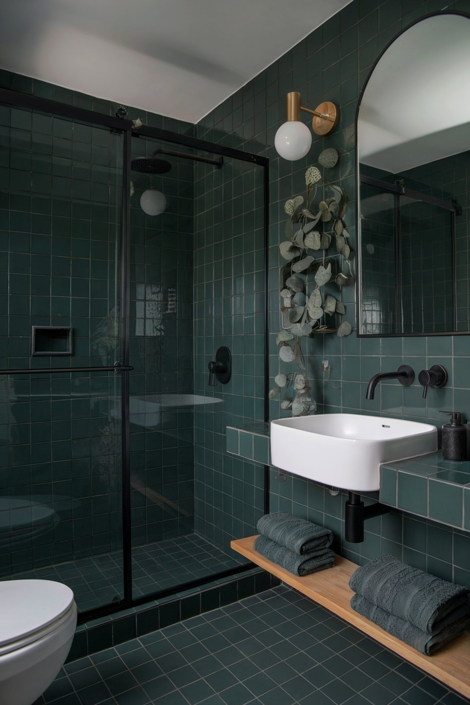 A minimalist bathroom with dark green square tiles, a floating wooden shelf, and a modern white sink, featuring plants for a natural touch