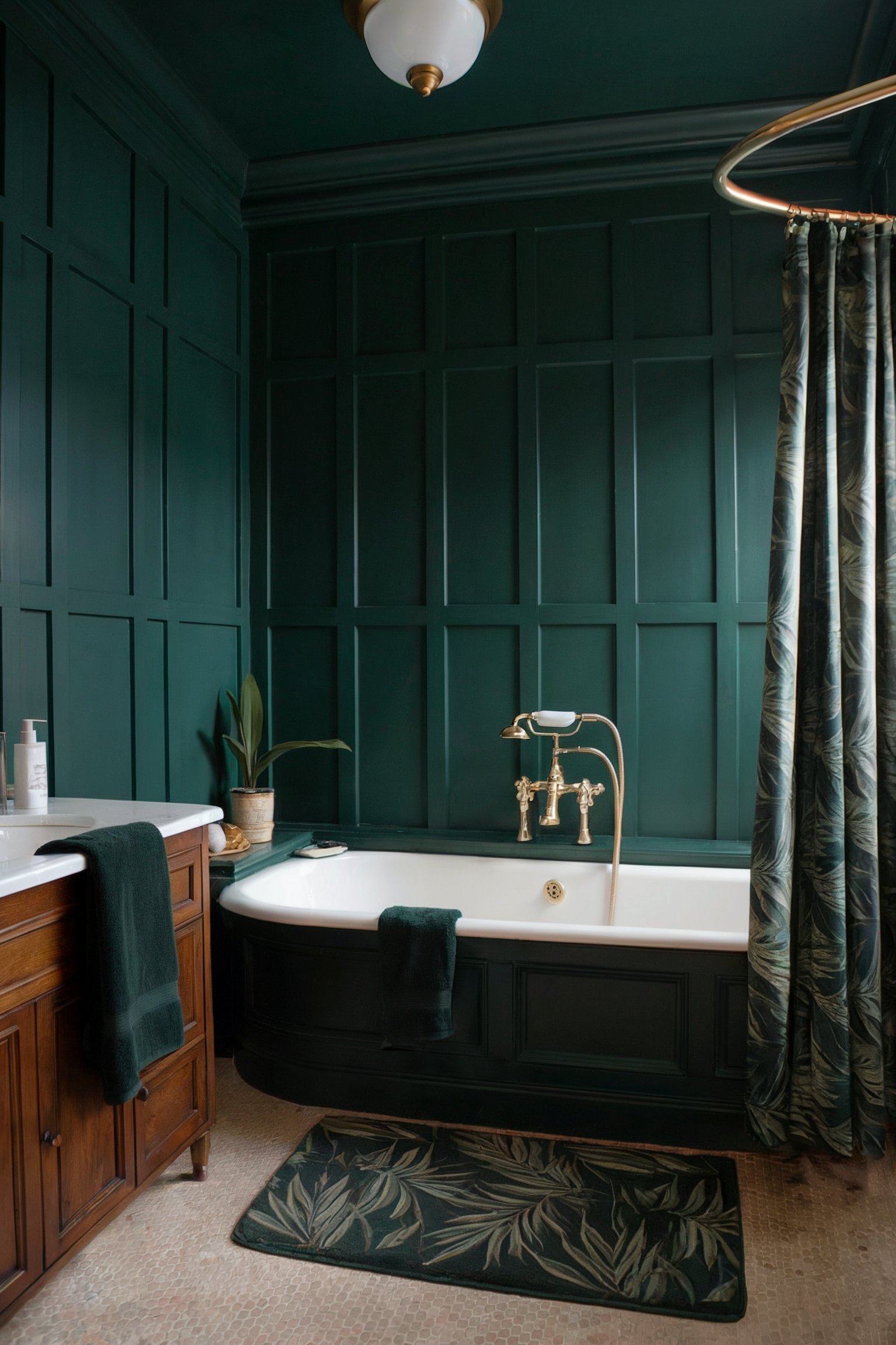 A bathroom with dark green paneled walls, a vintage-style freestanding tub, and gold fixtures, creating a sophisticated look