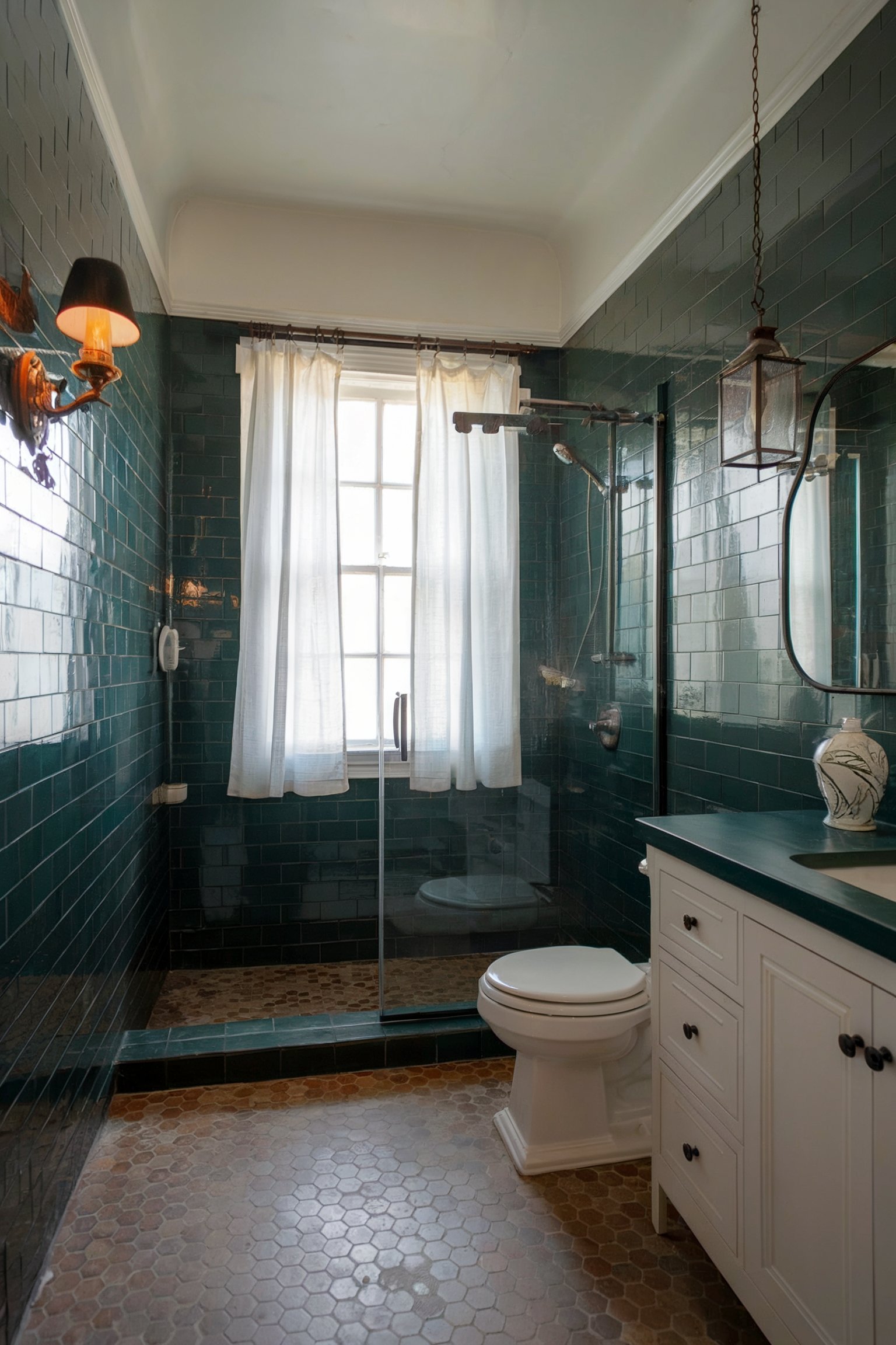 A bathroom with dark green subway tiles, a white vanity, and an elegant window allowing soft natural light to illuminate the space