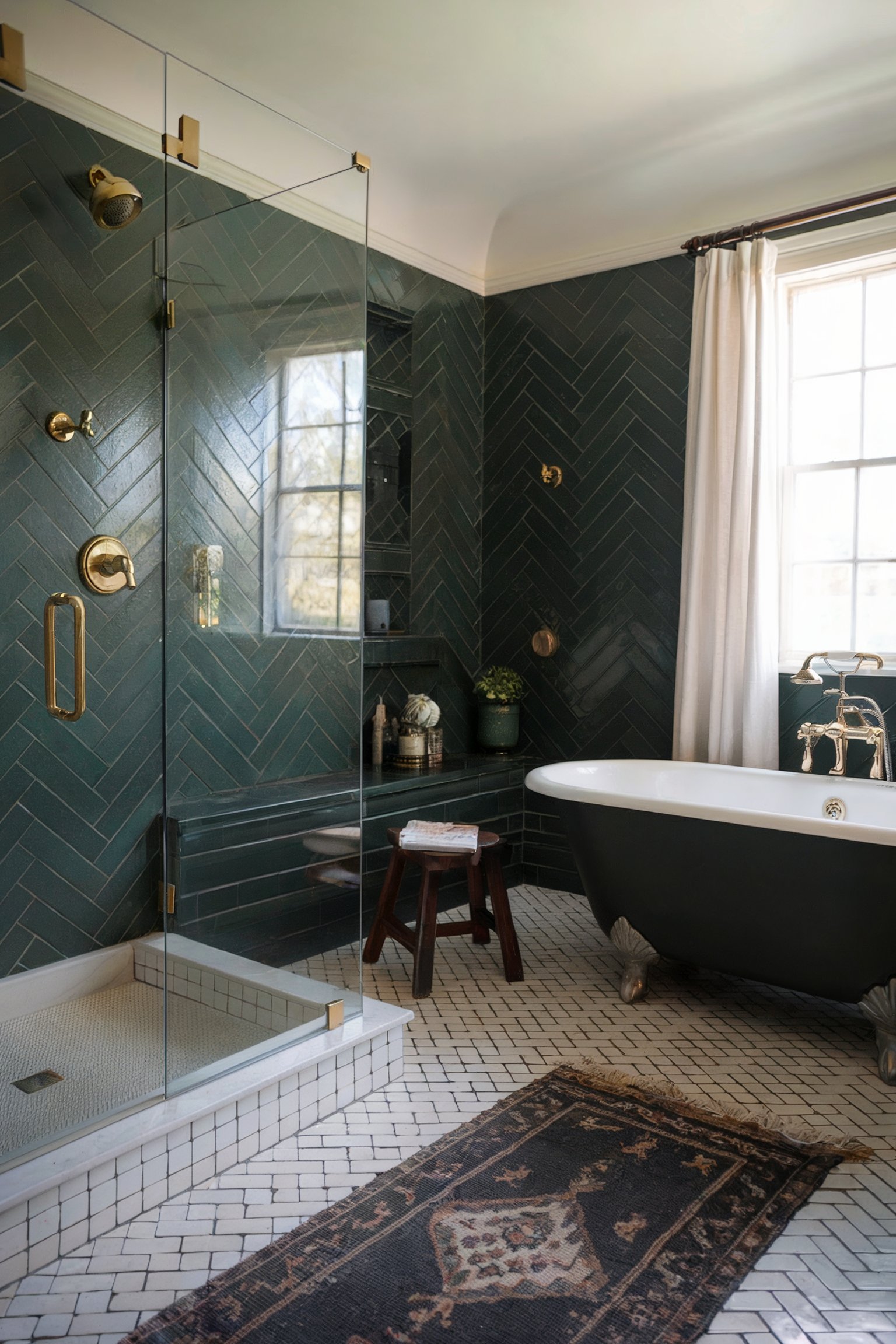 A bathroom with dark green herringbone tiles, a glass-enclosed shower, and a black clawfoot tub paired with brass fixtures