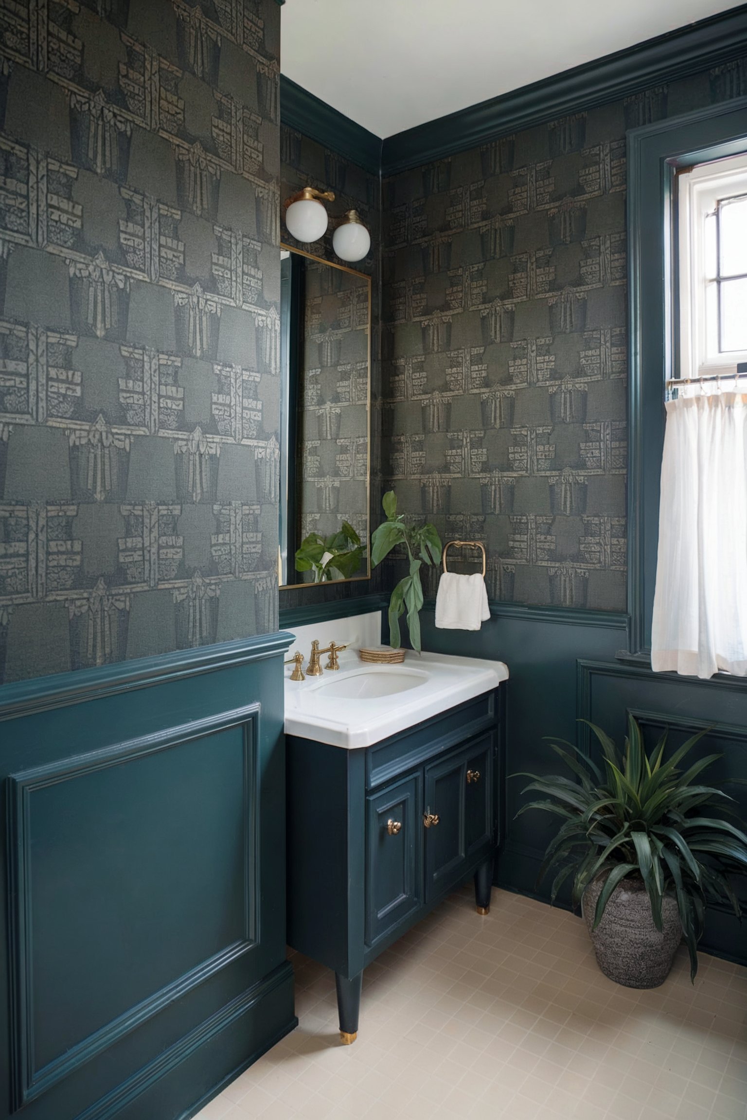 A dark green bathroom with wallpaper and a gold-framed mirror, featuring a white sink vanity and a decorative plant