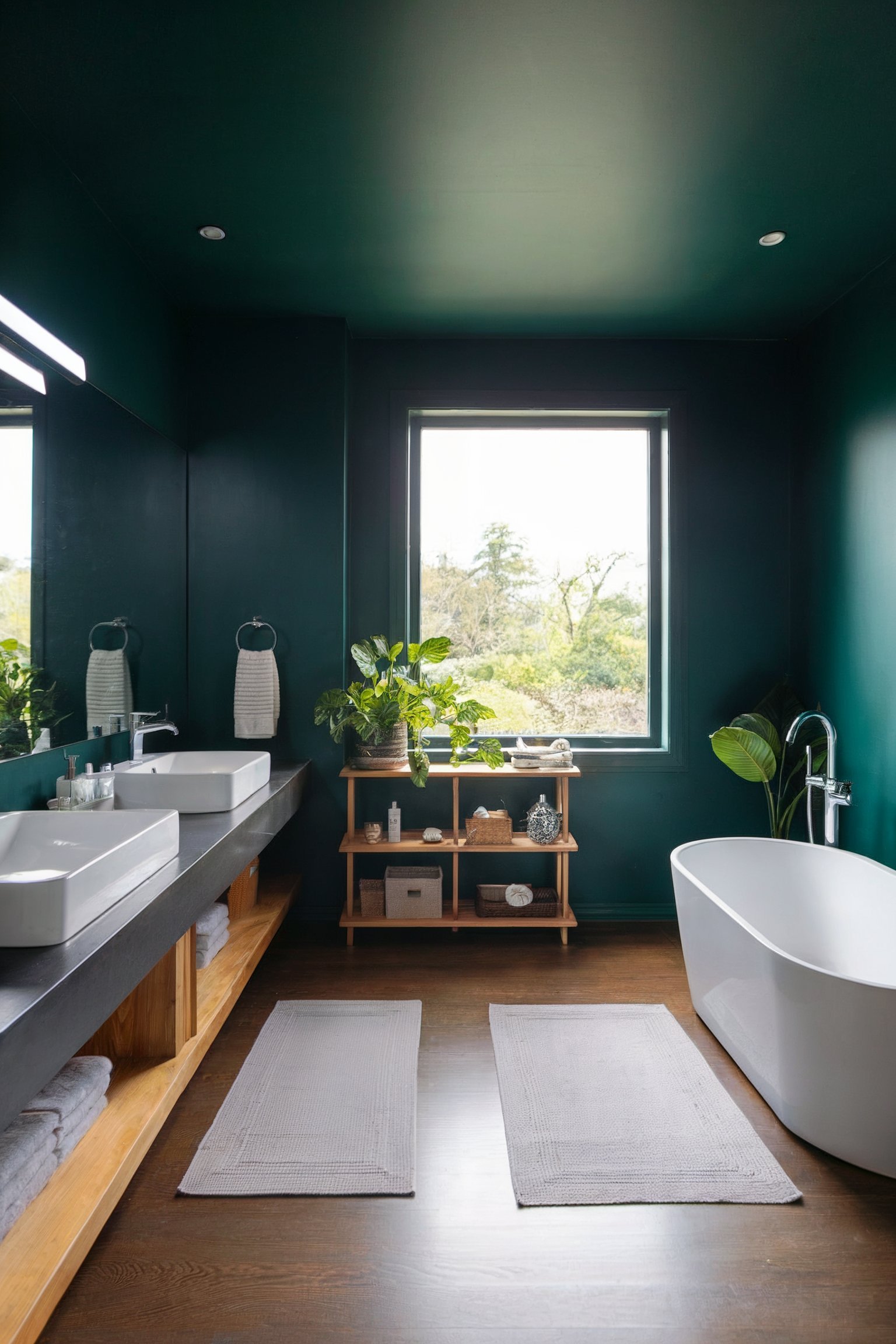 A zen bathroom with dark green walls and wooden floors with a free standing tub and double sink vanity.