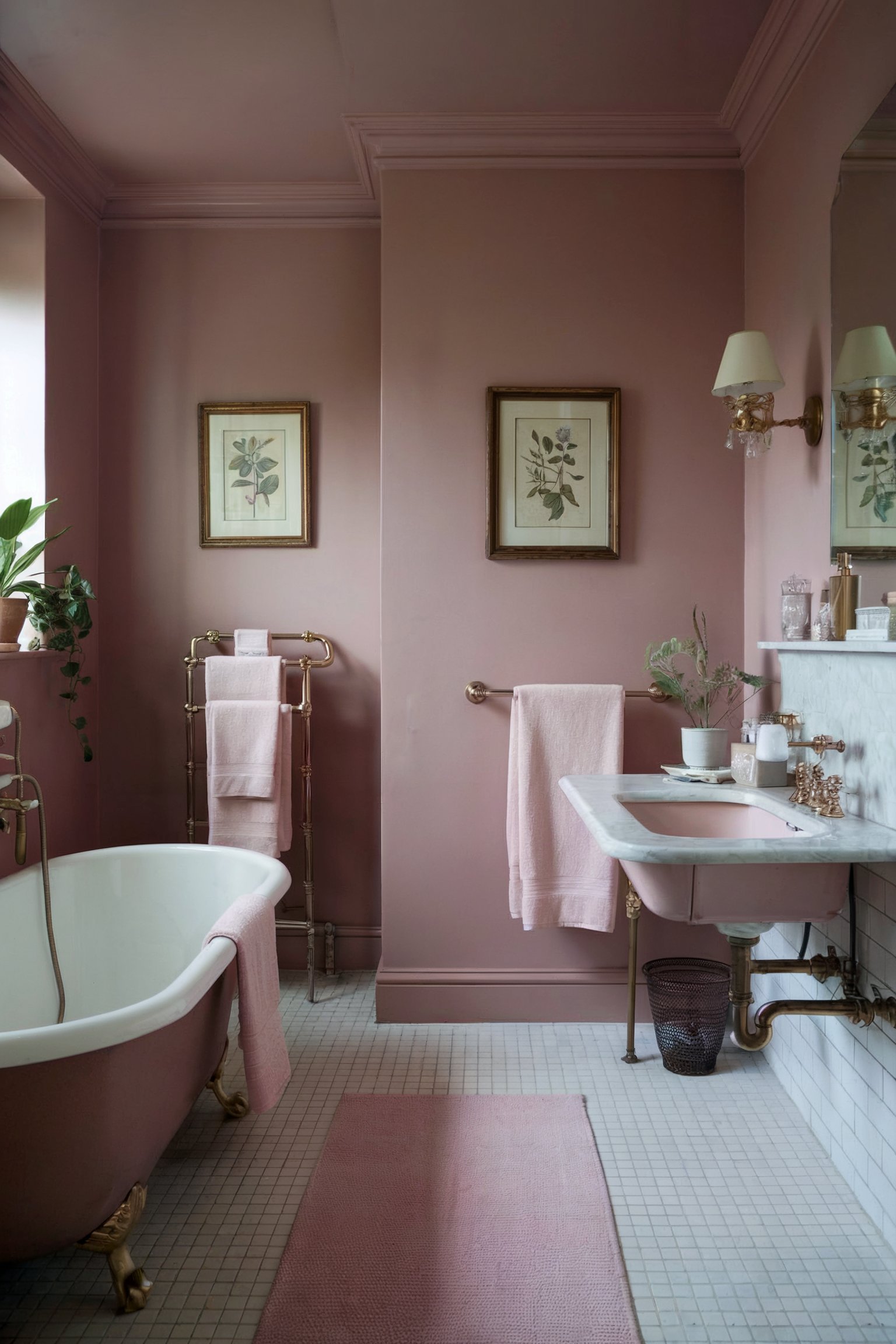 A classic pink bathroom with a freestanding clawfoot tub, marble sink, and gold fixtures set against soft pink walls