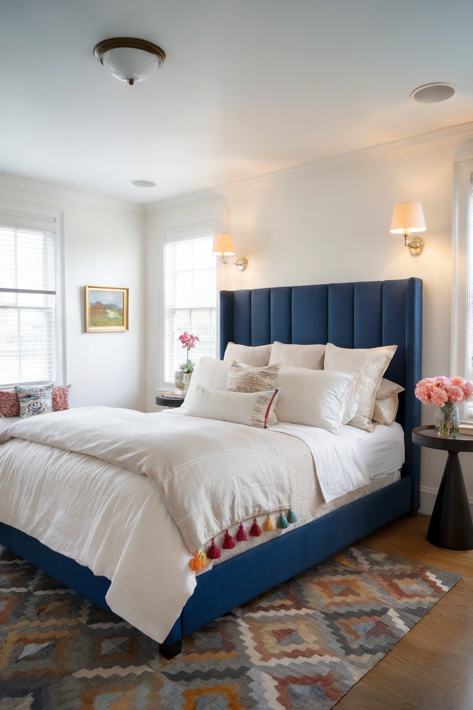 A bright bedroom featuring a blue upholstered bed, tassel bedding, and colorful patterned rug
