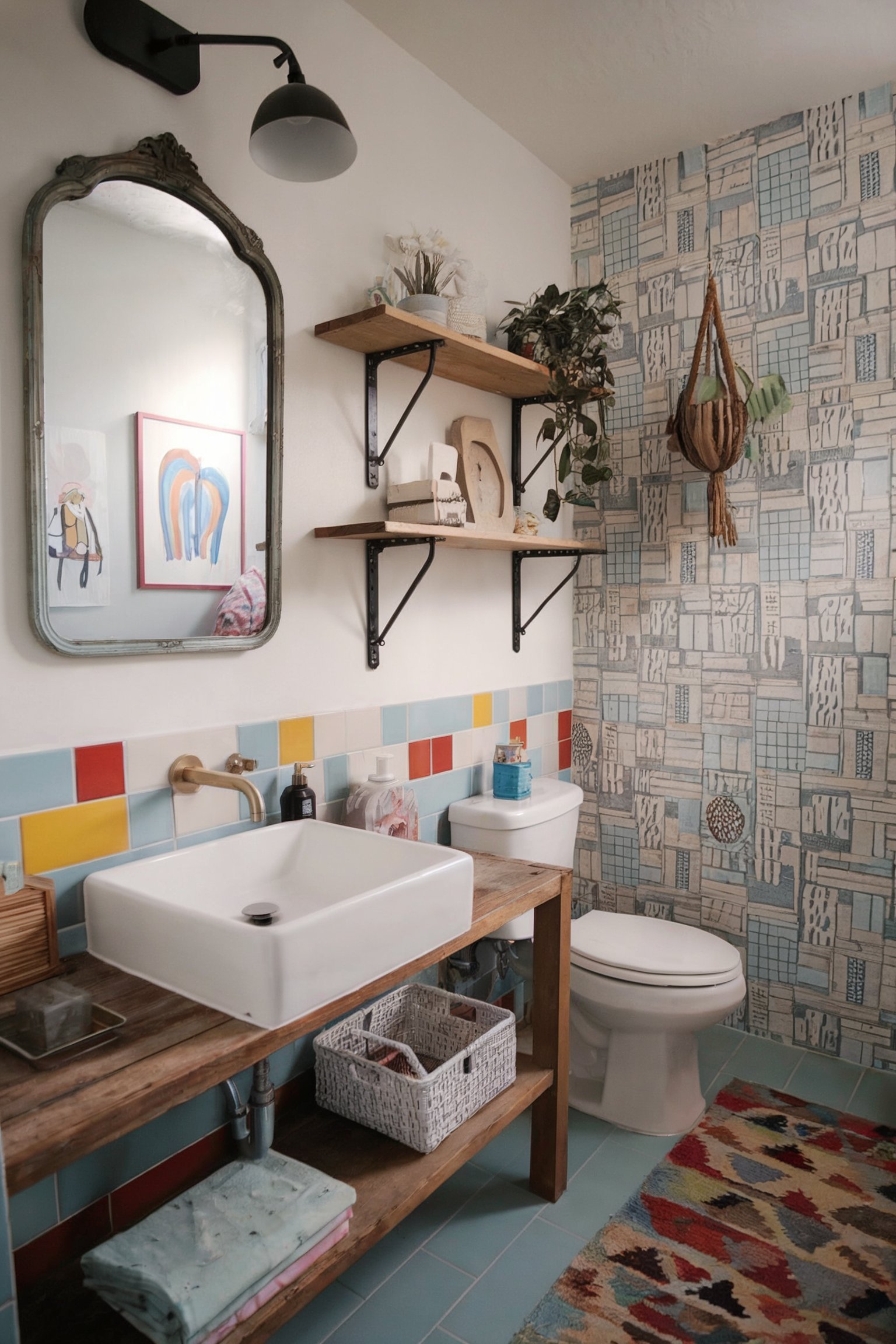 A bathroom with colorful, eclectic design elements, featuring open shelves and a vessel sink on a wooden vanity