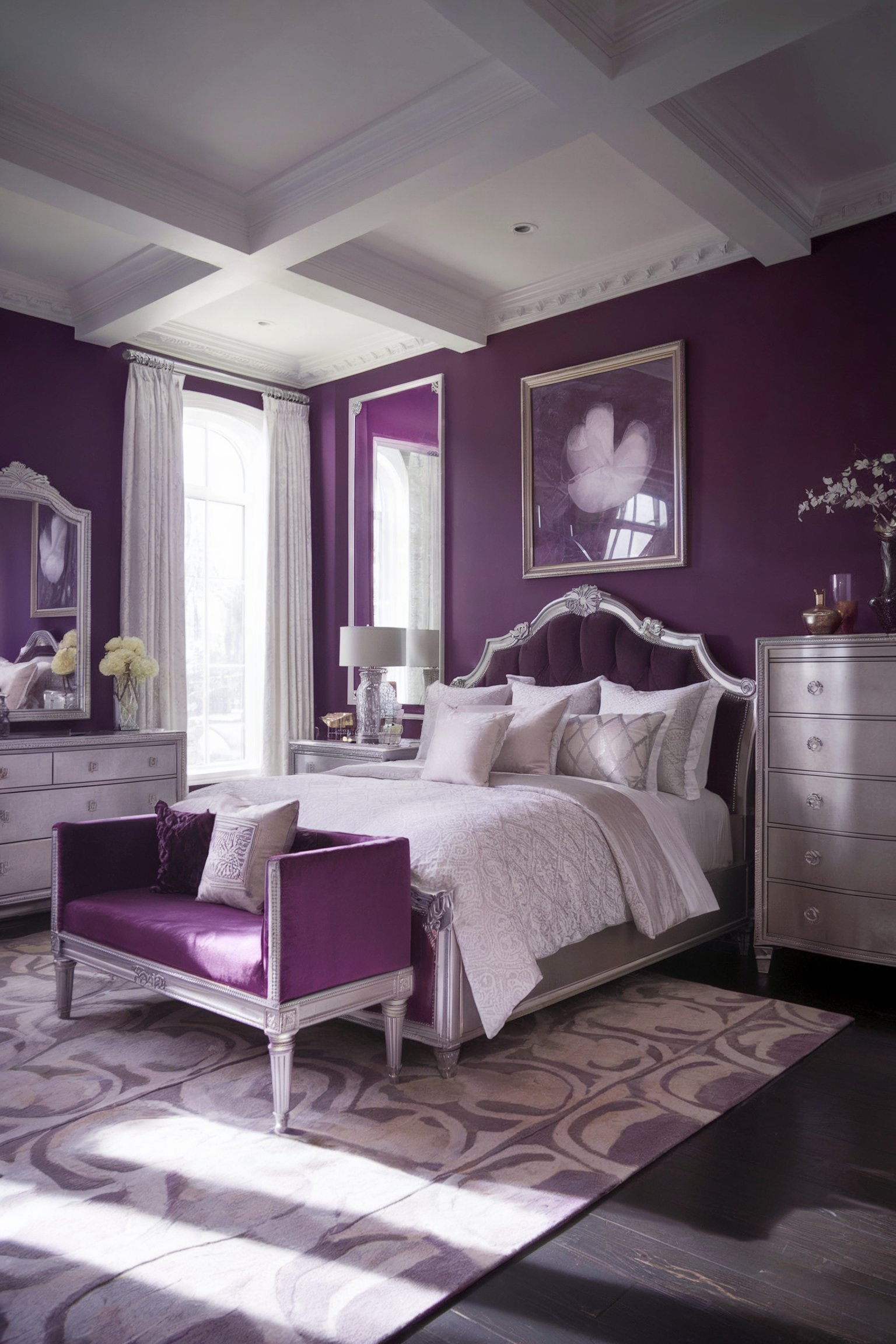 A luxurious bedroom with bold purple walls, a tufted velvet bench, and ornate silver furniture