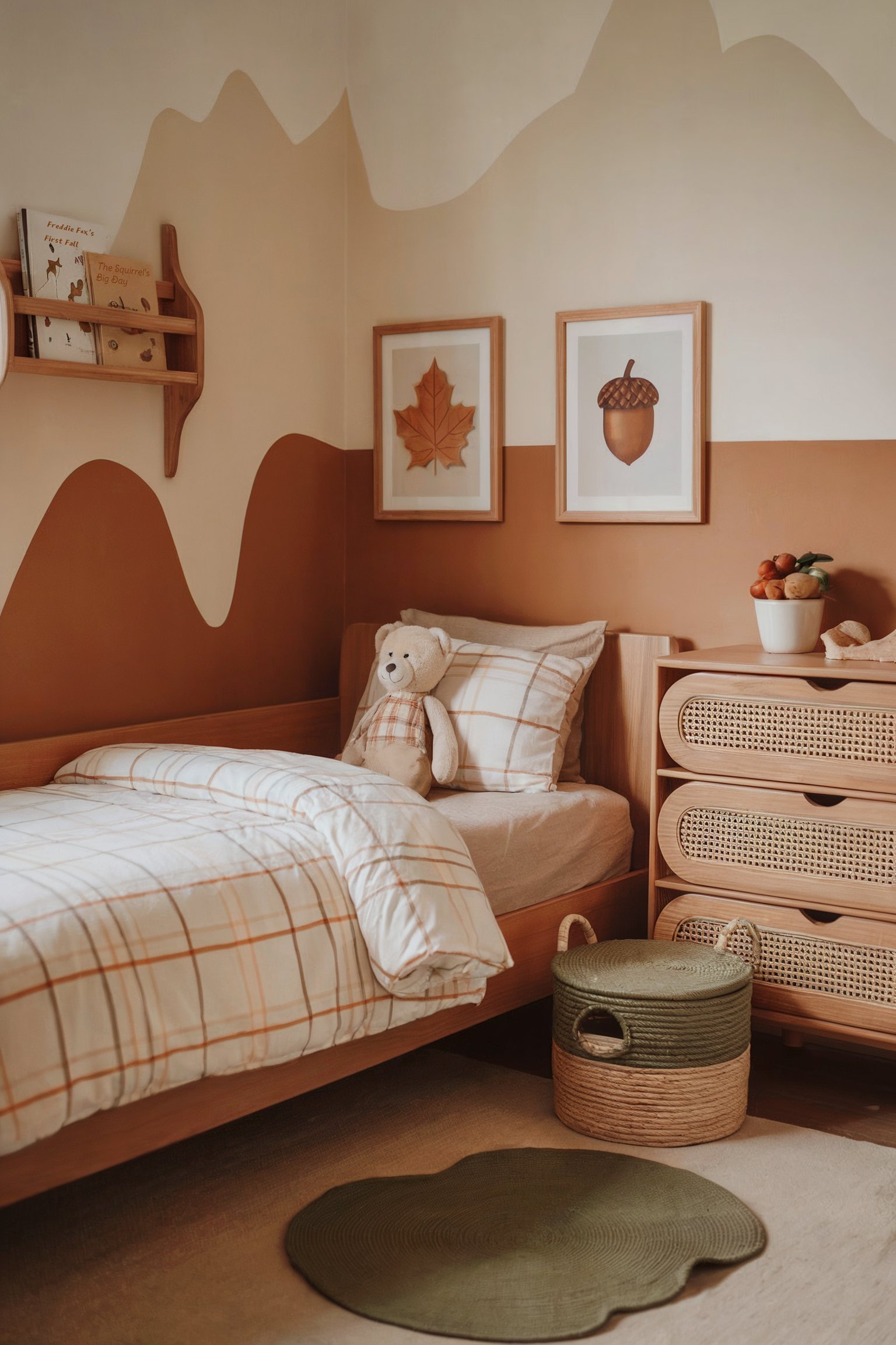 Kid's room with earthy tones, plaid bedding, and fall-themed wall art, featuring a teddy bear and cozy woven storage