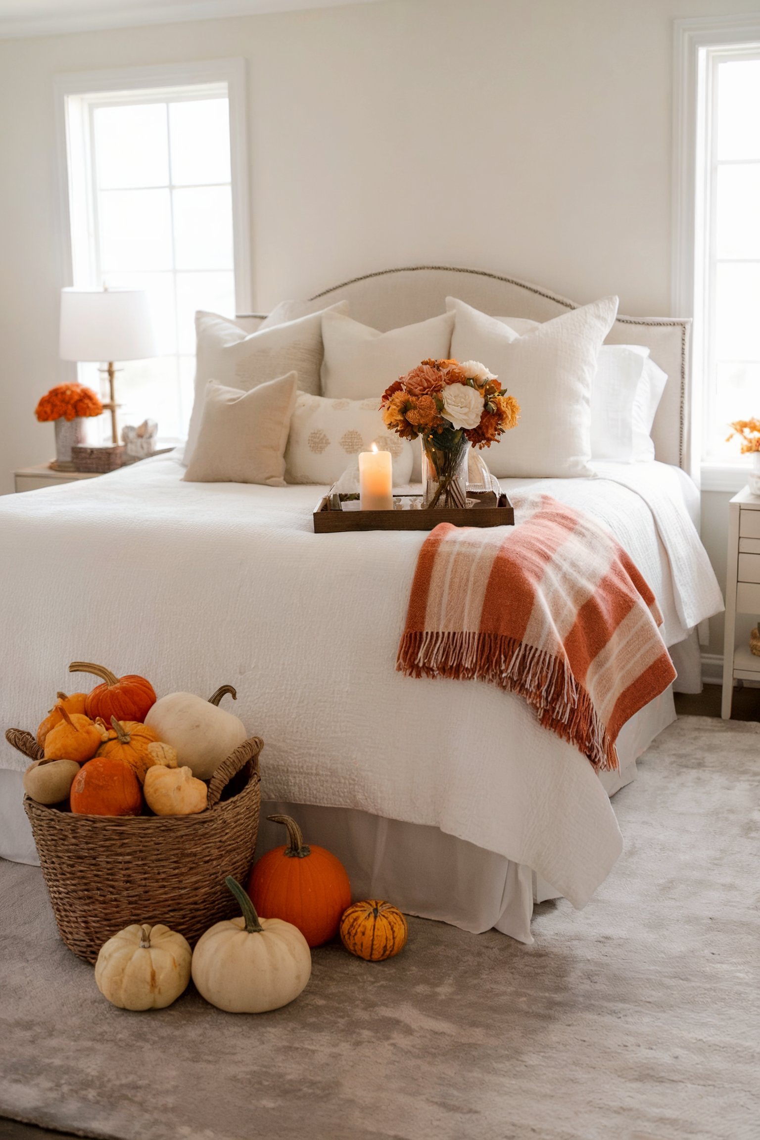 Bright bedroom with soft white bedding, a pumpkin basket, orange accents, and fall flowers creating a warm seasonal vibe
