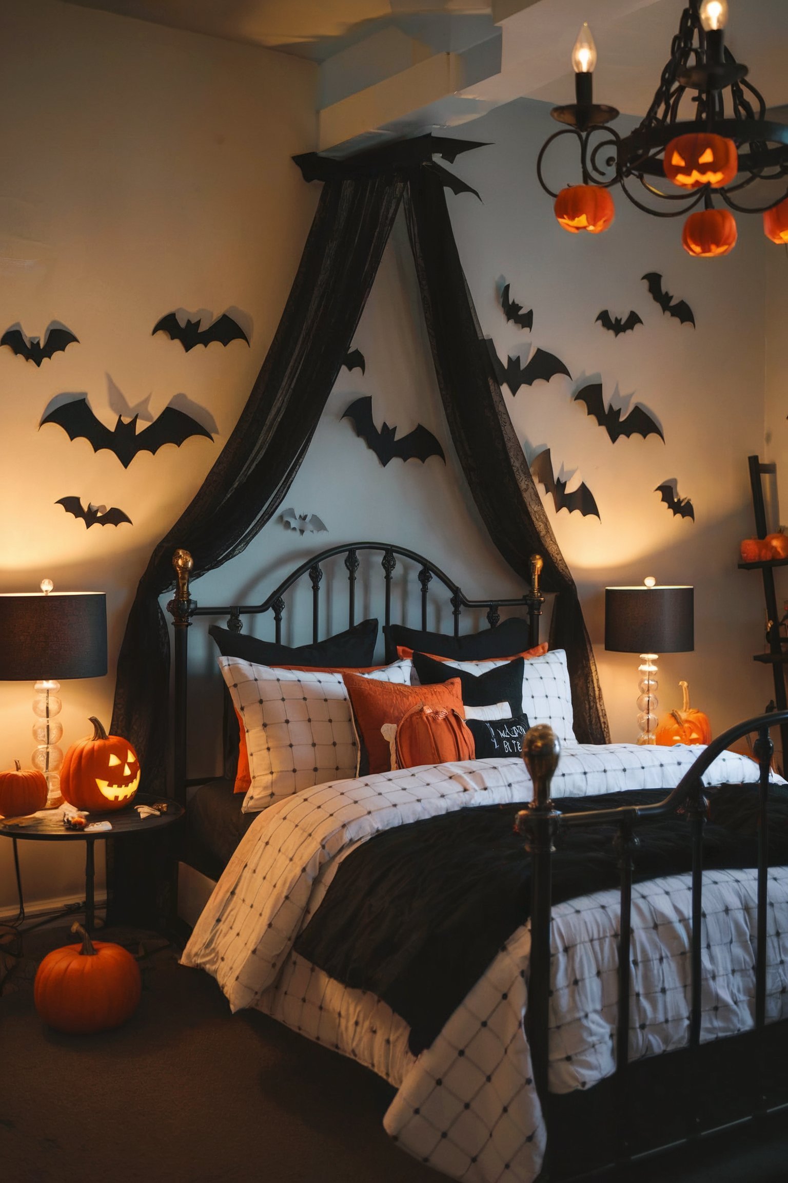 Halloween-themed bedroom with bats on the wall, jack-o-lanterns, and a black metal bed dressed in fall bedding