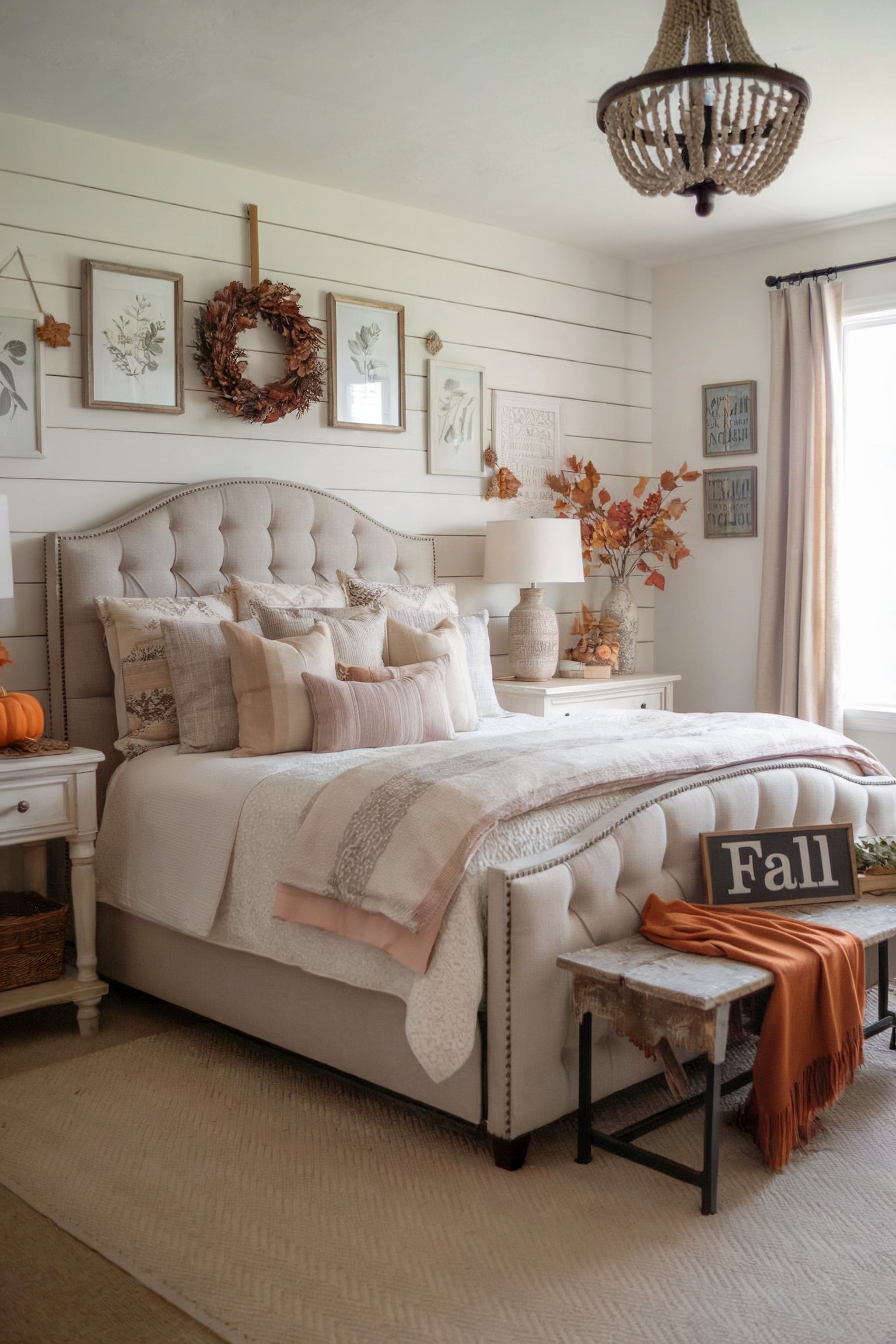 Cozy farmhouse bedroom with soft fall tones, shiplap walls, and layered pillows with a fall wreath above the bed