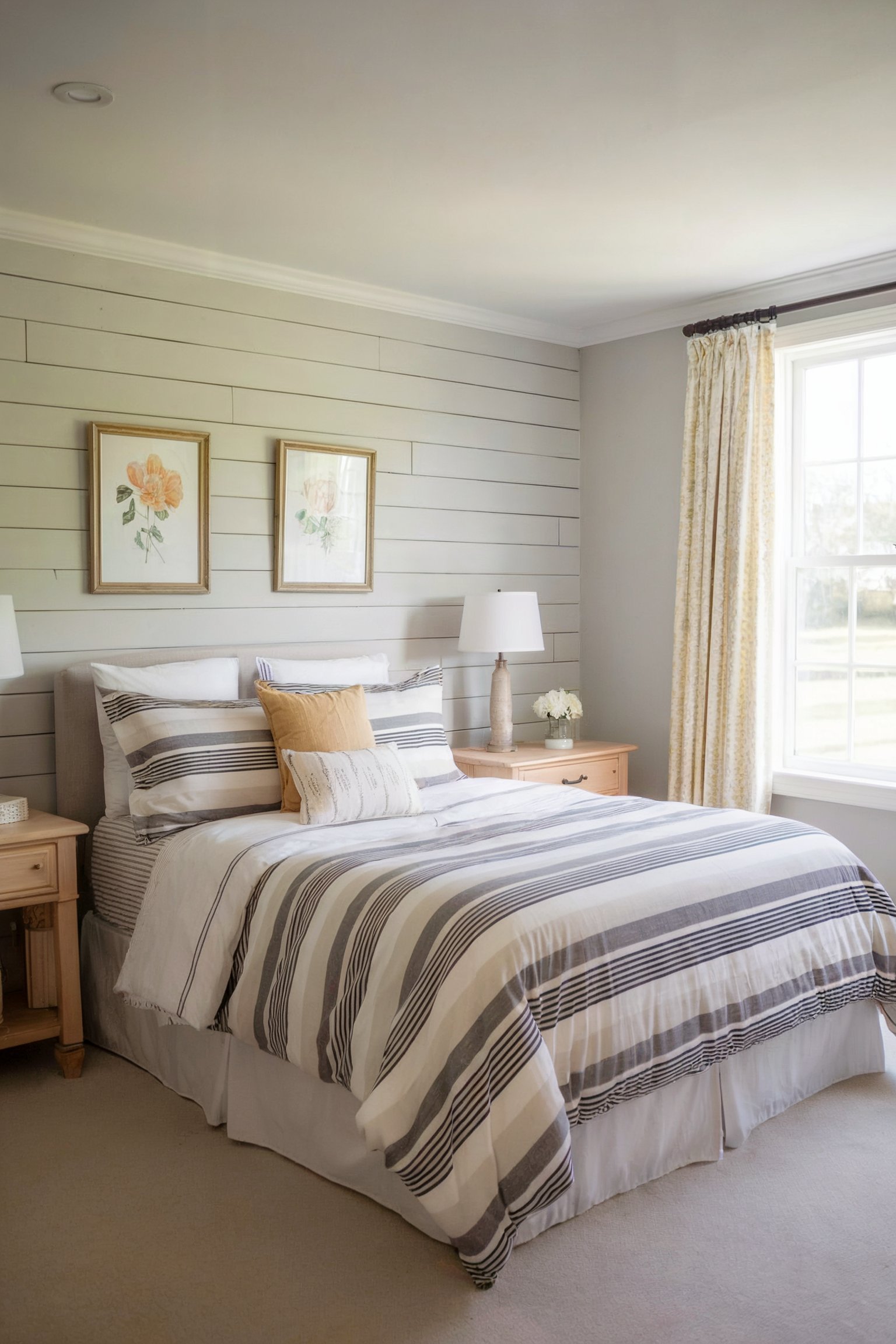 A serene bedroom with striped bedding, shiplap walls, and floral accents creating a farmhouse vibe