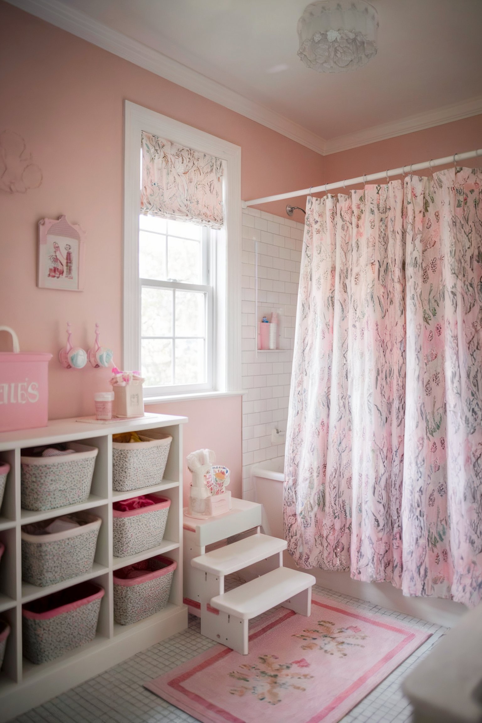 A soft pink girls' bathroom with floral shower curtains, a storage unit with baskets, and a step stool by the tub