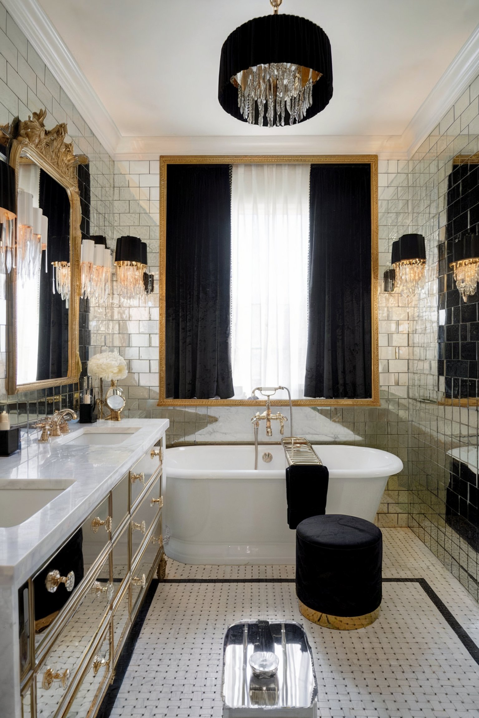 A luxurious bathroom with a gold and black theme, featuring a freestanding tub, a gold-framed mirror, and glamorous light fixtures