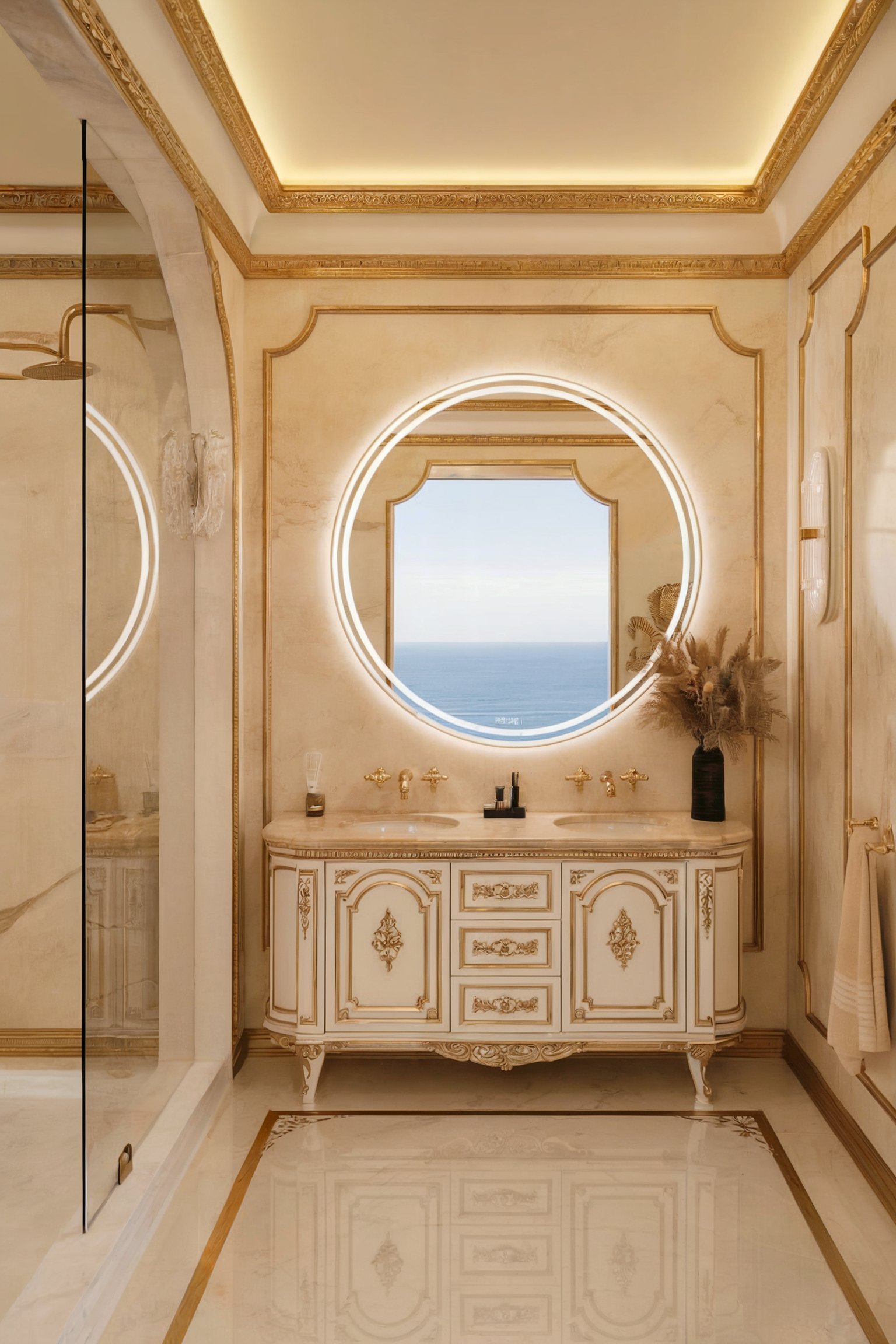 A luxurious bathroom featuring a circular mirror with LED lights, gold accents on the walls and vanity, and a view of the ocean through the mirror