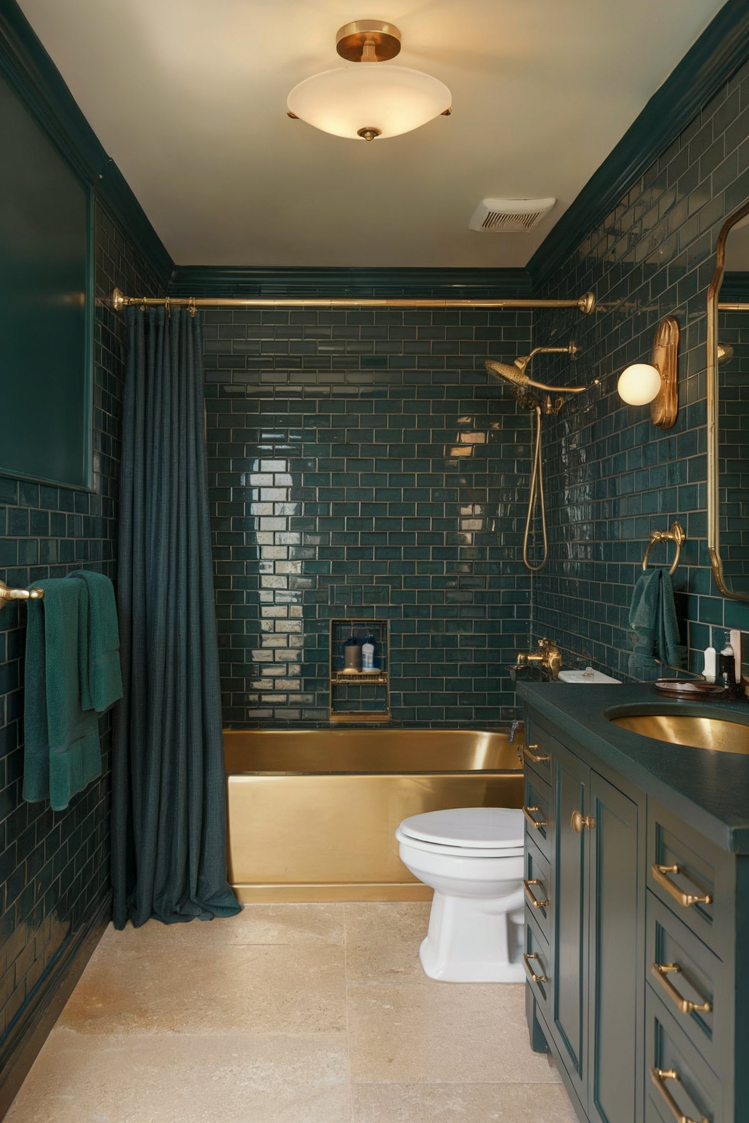 A luxurious bathroom with gold fixtures, a gold tub, and deep green tiles for a sophisticated contrast