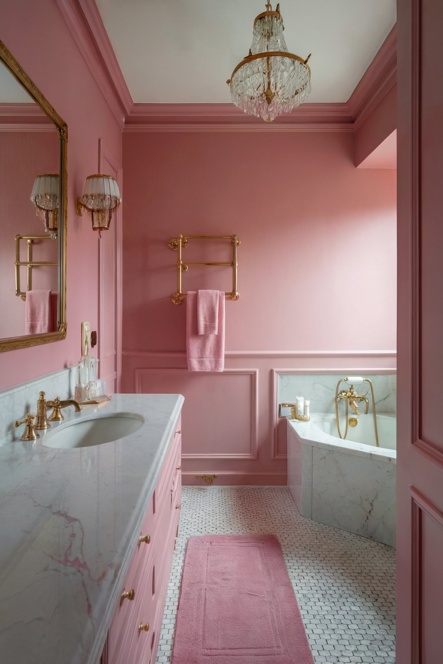 Elegant pink bathroom with gold fixtures, a chandelier, and a luxurious bathtub, creating a soft and glamorous ambiance