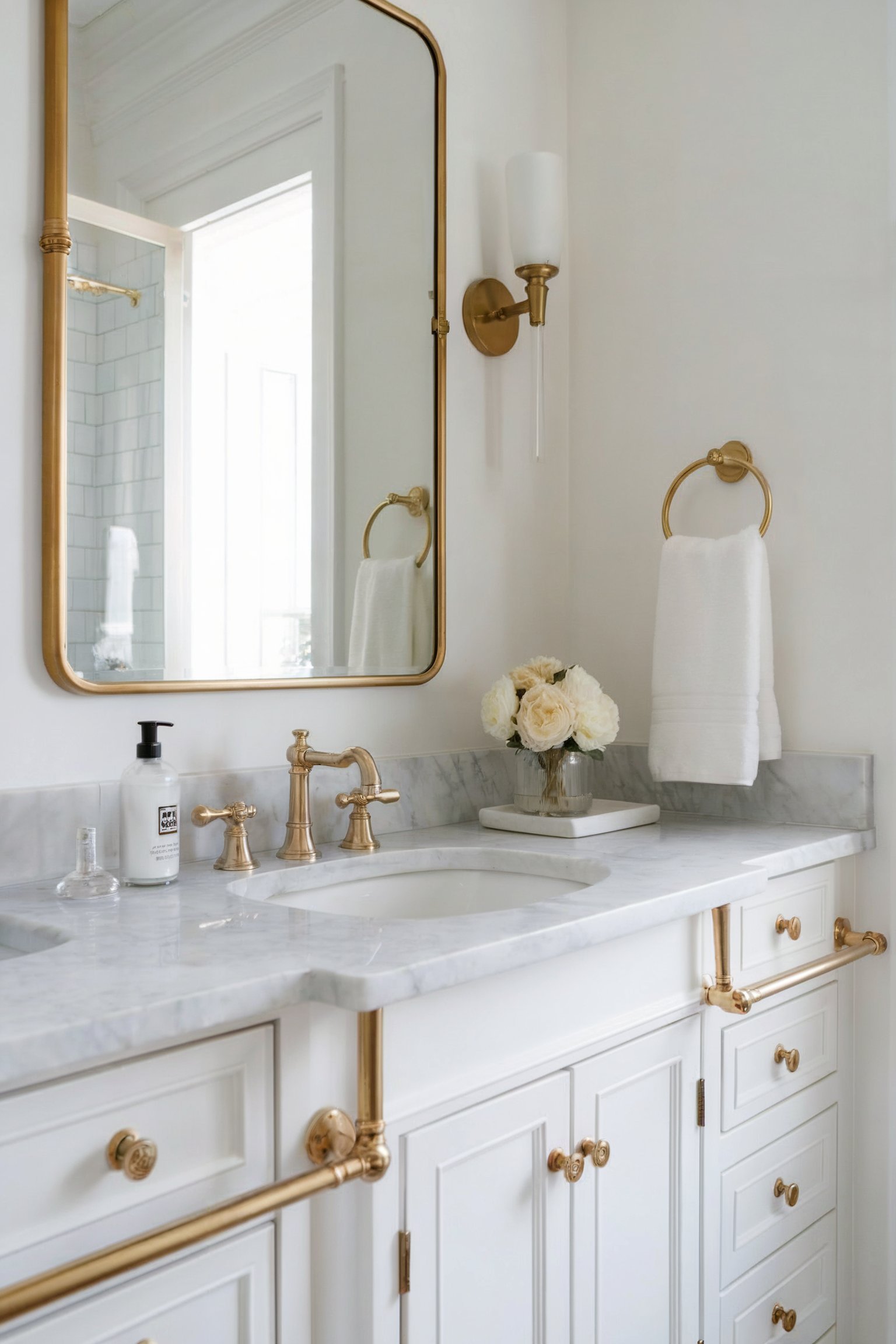 A bathroom with a white marble countertop, gold fixtures, and a large rectangular mirror, accompanied by white and gold decor