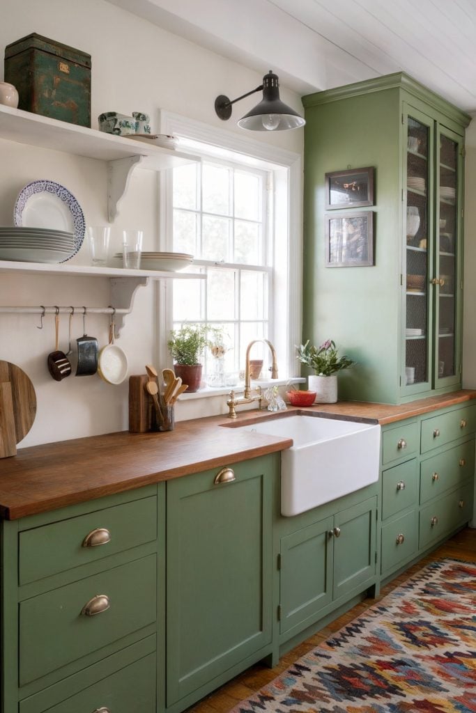 A cozy kitchen with green cabinets, wood countertops, and rustic accents, featuring a farmhouse sink and patterned rug.