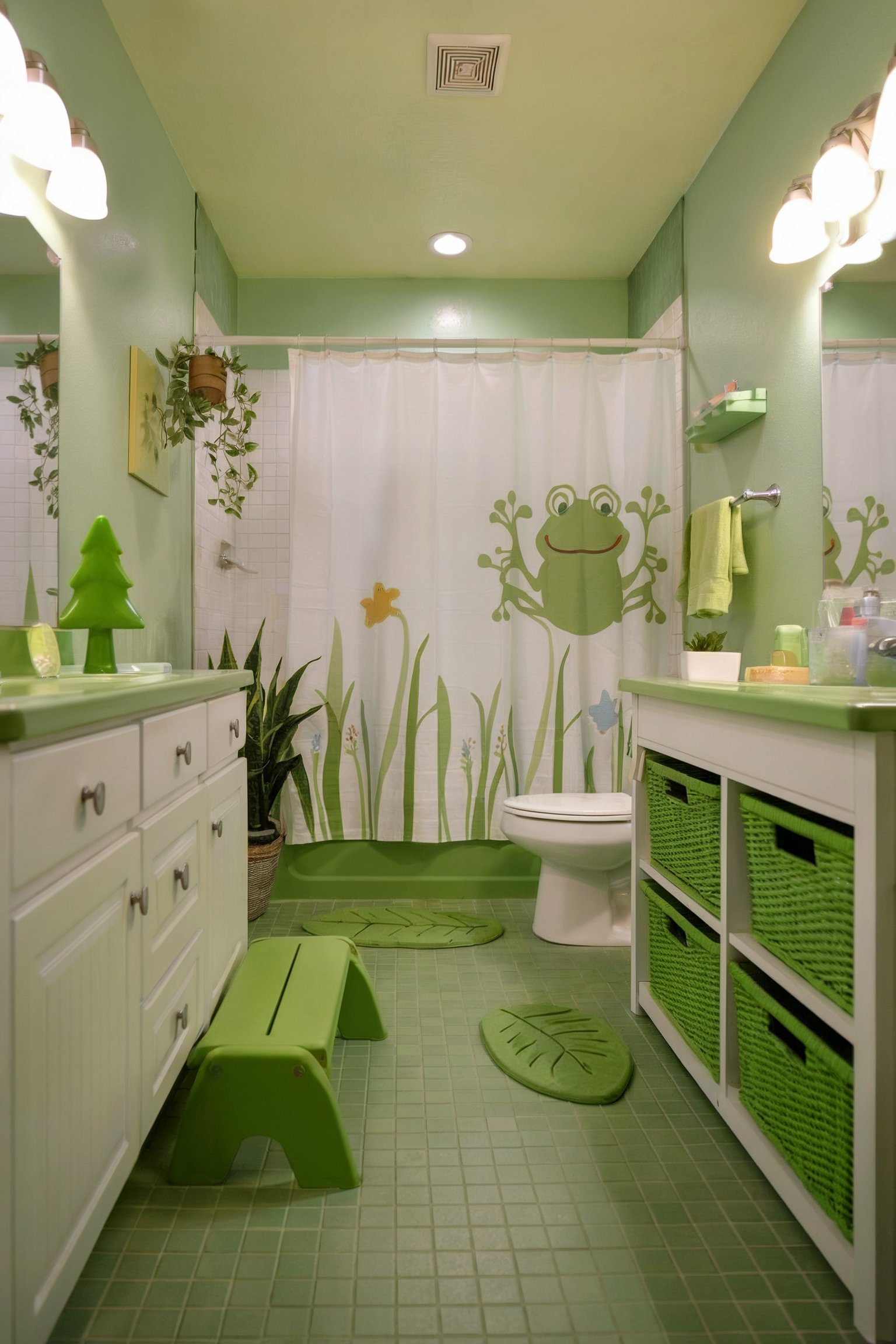 Green frog-themed kids' bathroom with matching decor and storage