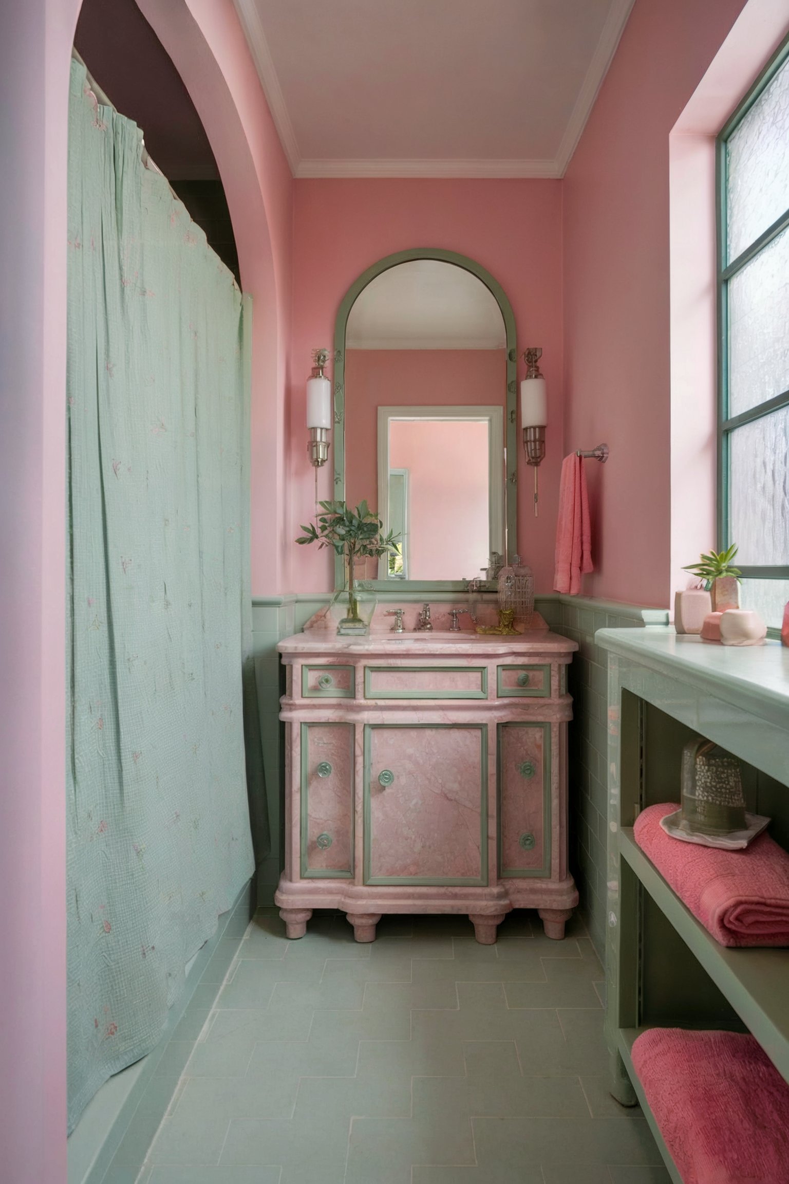 Vintage pink bathroom with green accents, pink marble vanity, and green-framed mirror
