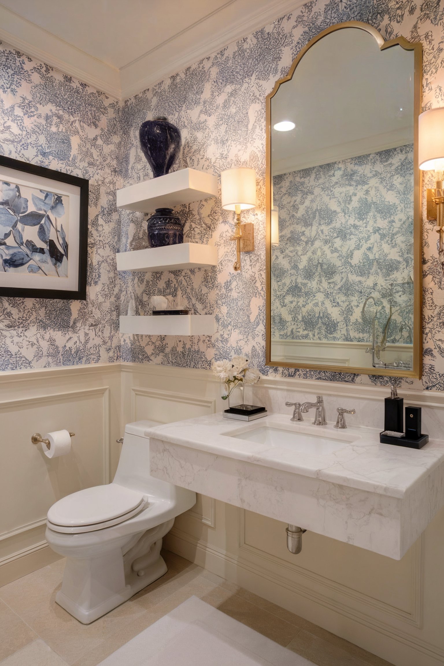 A stylish powder room with blue and white wallpaper, floating shelves, and a white marble sink, enhanced by gold accents in the mirror and lighting
