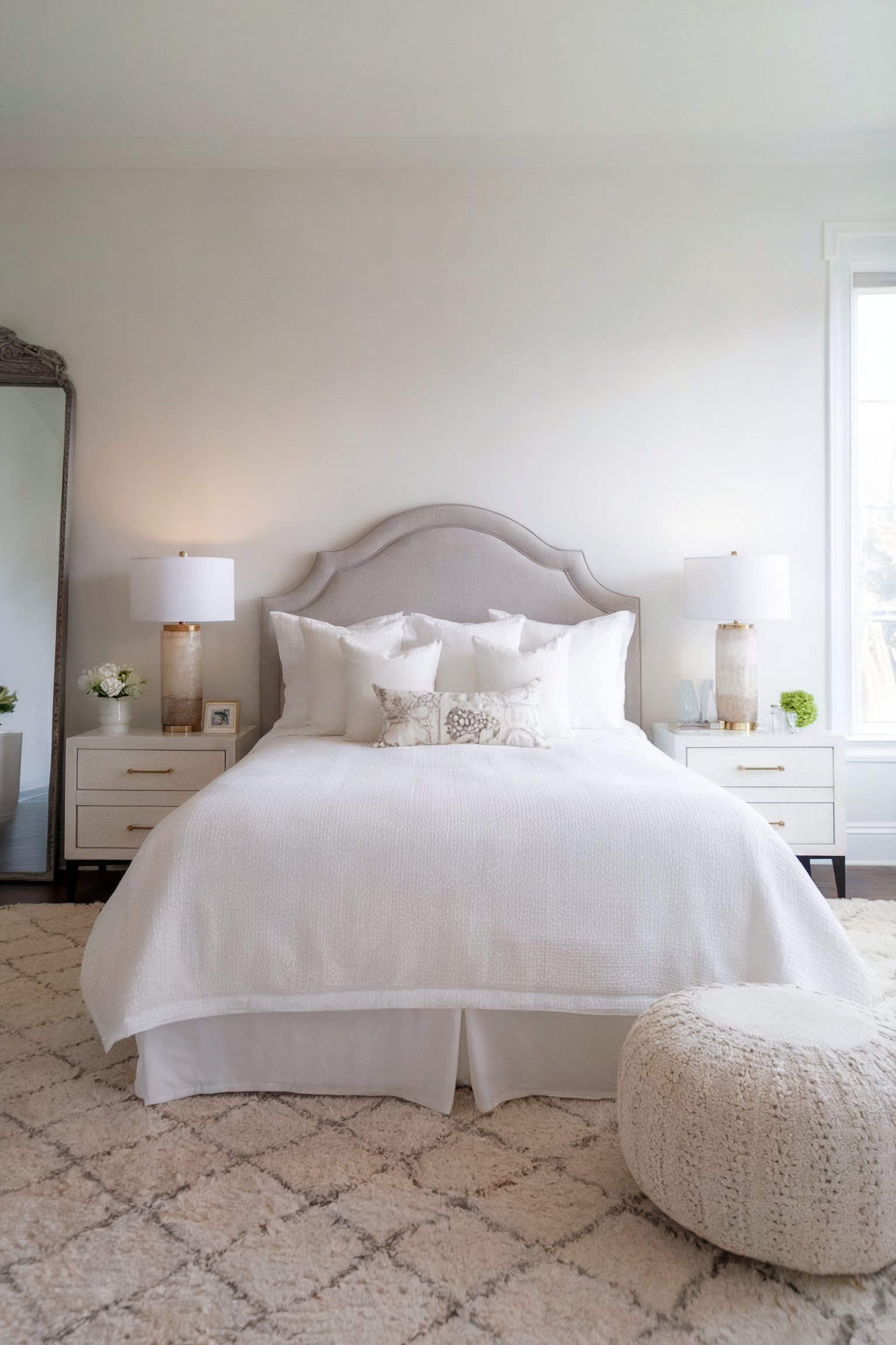A calm white bedroom with a tufted headboard, soft bedding, and a shag rug