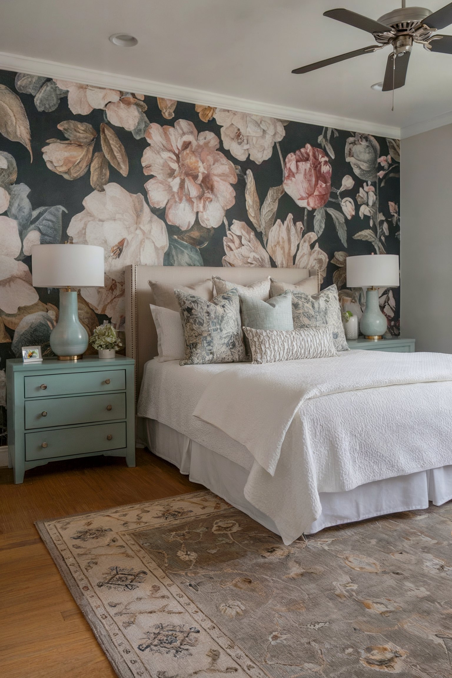 A bedroom with a floral accent wall, white bedding, and mint-green side tables