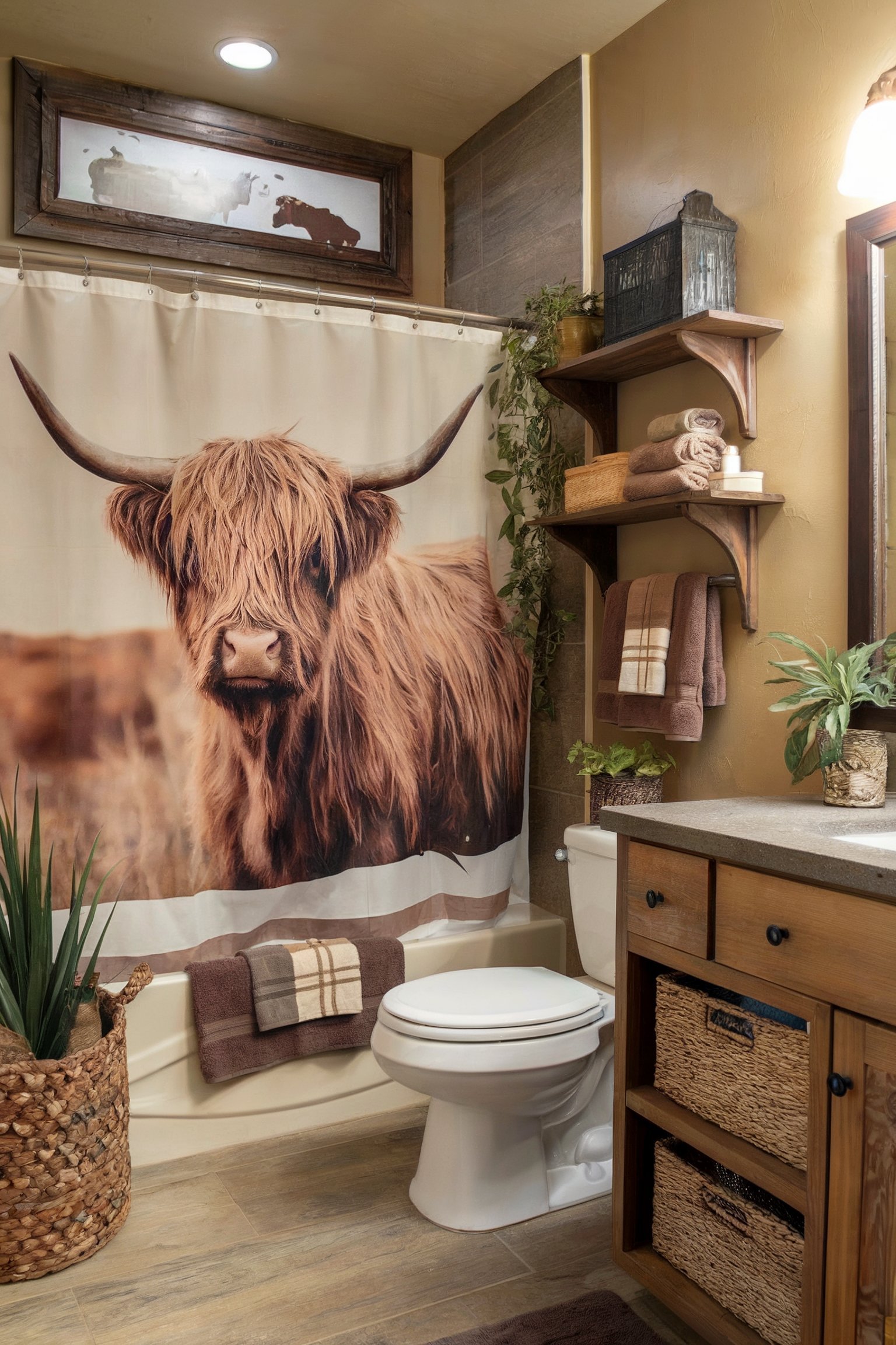 A cozy bathroom with a Highland cow shower curtain, warm wooden tones, and earthy decor, including woven baskets and towels