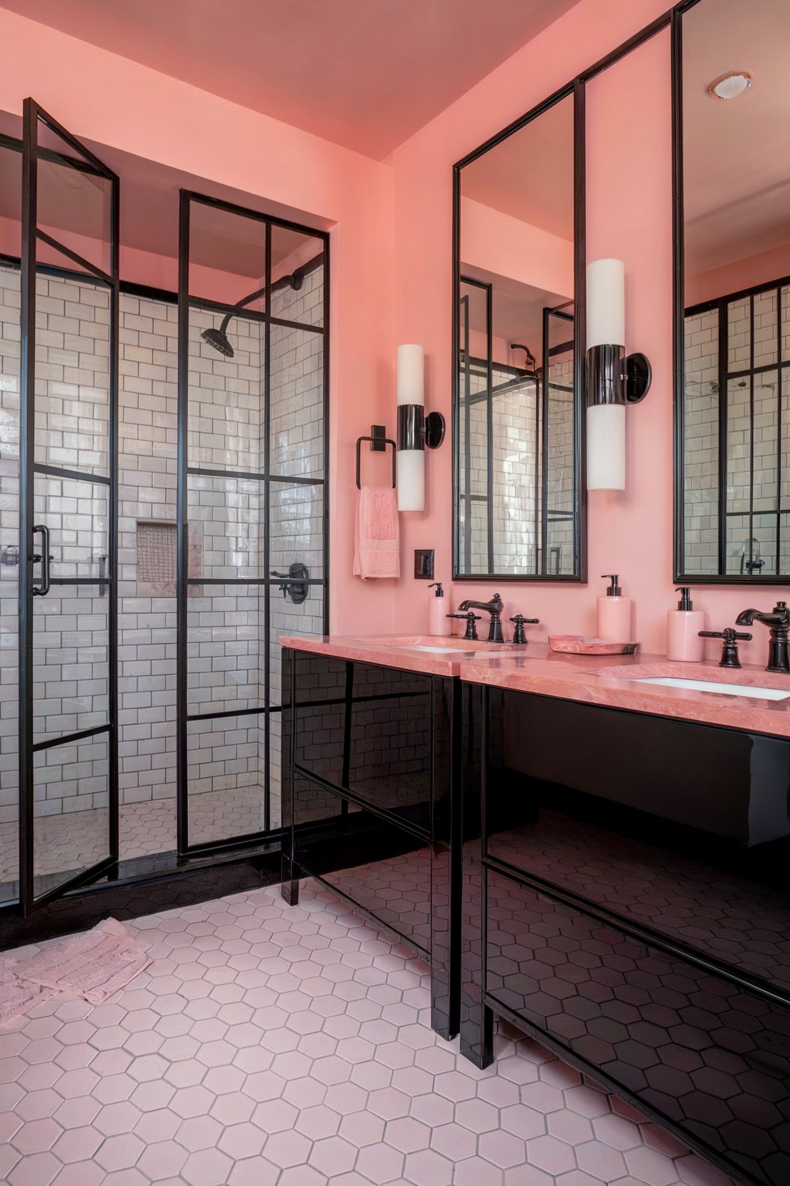 Modern pink bathroom with black metal shower doors, black vanity, and white subway tiles