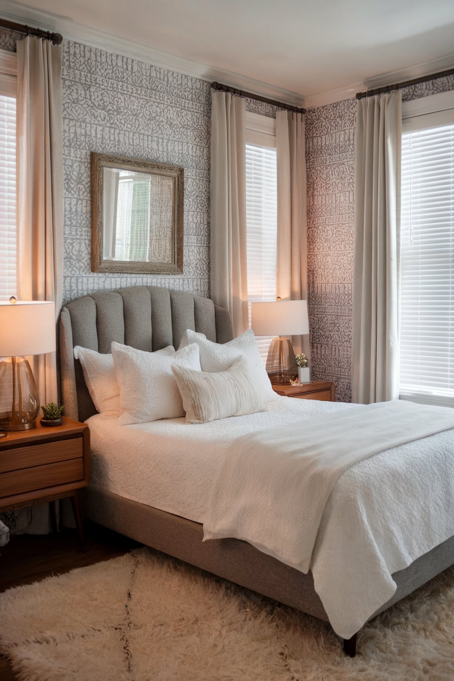 A cozy bedroom with a gray upholstered bed, neutral tones, and a shaggy white rug