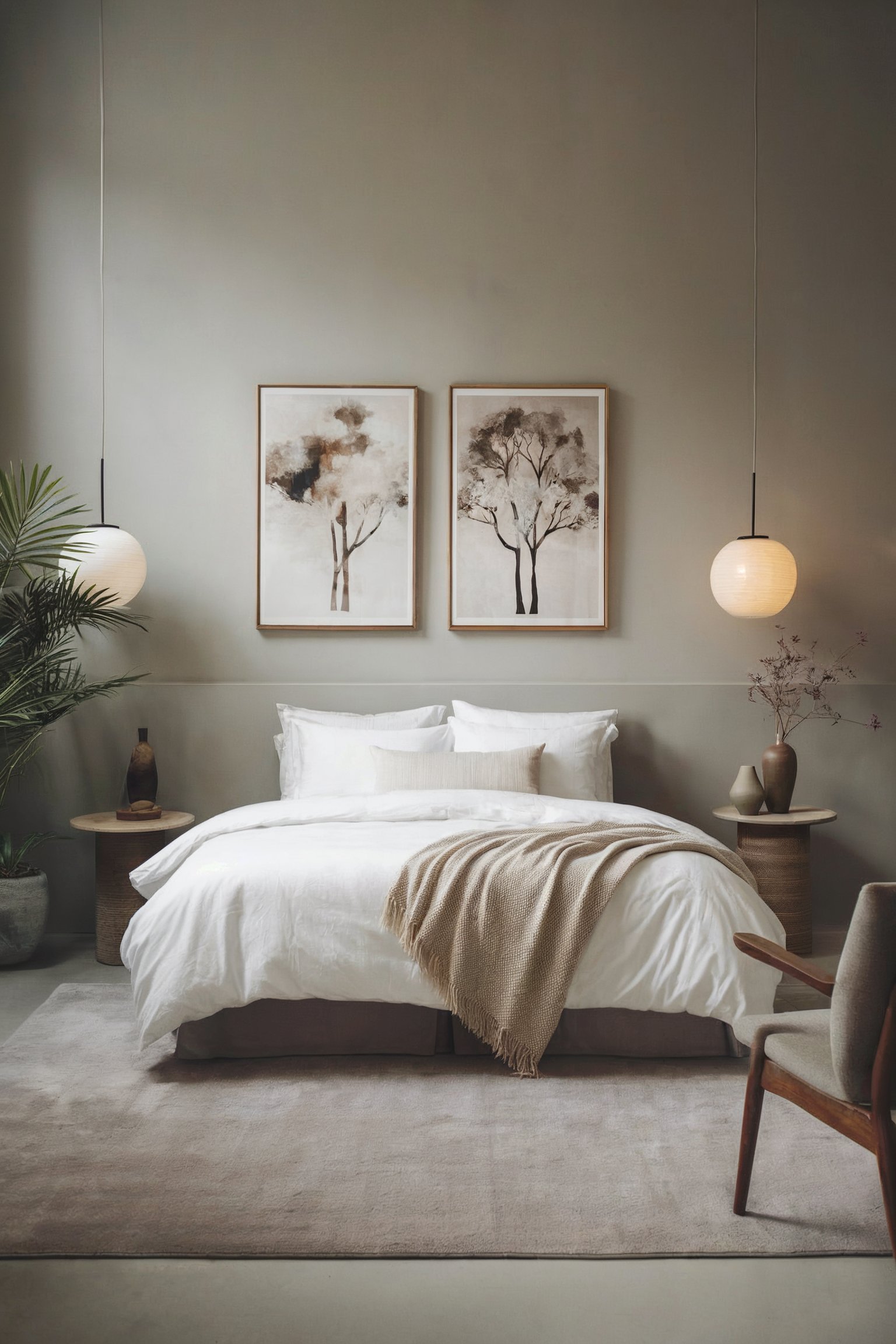 A cozy bedroom with earthy tones, hanging artwork, and soft lighting for a warm ambiance