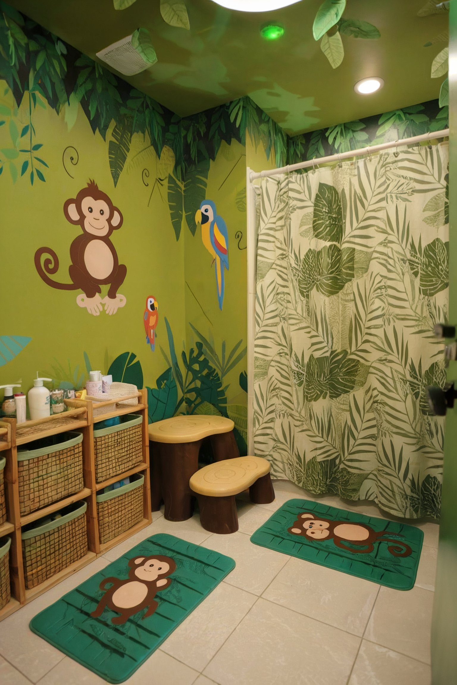 A jungle-themed kids' bathroom with monkey and parrot wall decals, green mats, and a leaf-patterned shower curtain