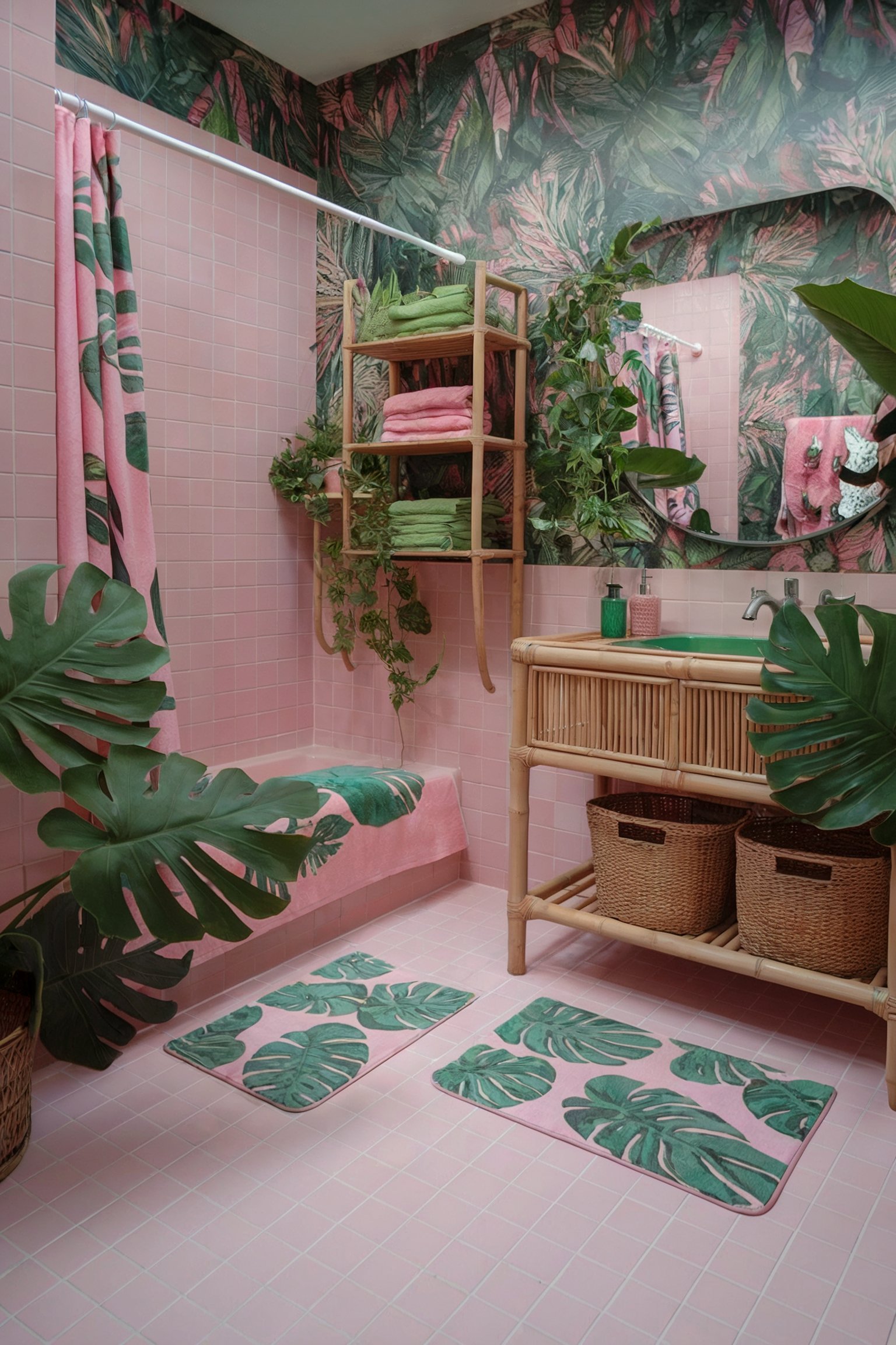 A tropical-inspired bathroom with pink tiles, bold leafy plants, and bamboo accents, creating a lush jungle-like vibe