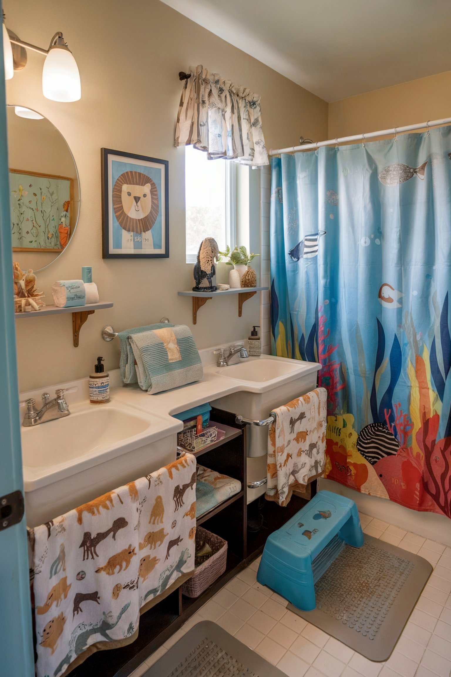 Kids' bathroom with double sinks and ocean-themed decor, including a fish shower curtain