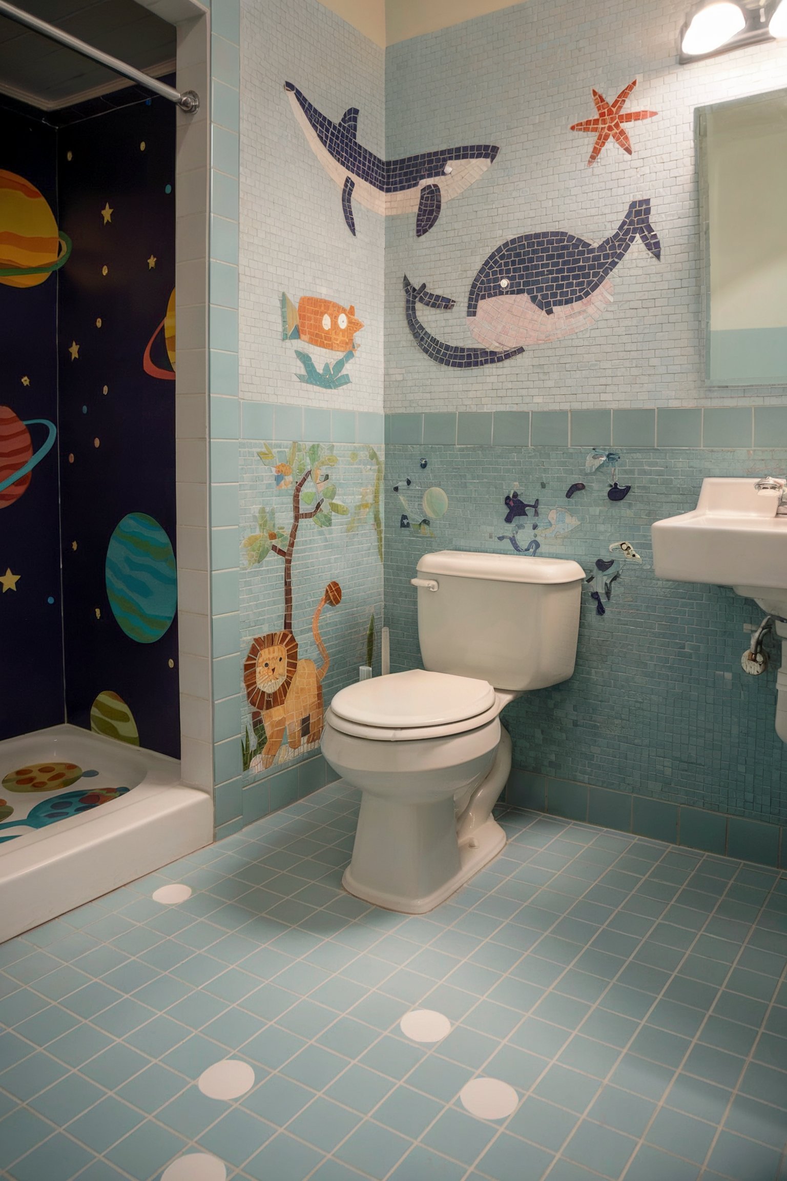 A kids' bathroom featuring a mosaic ocean and jungle theme with playful whale and lion designs on light blue tiles