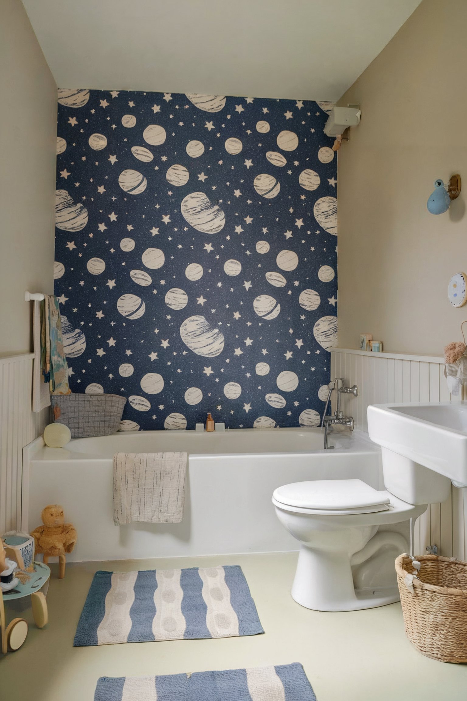 A space-themed bathroom with navy blue planet wallpaper and simple white fixtures