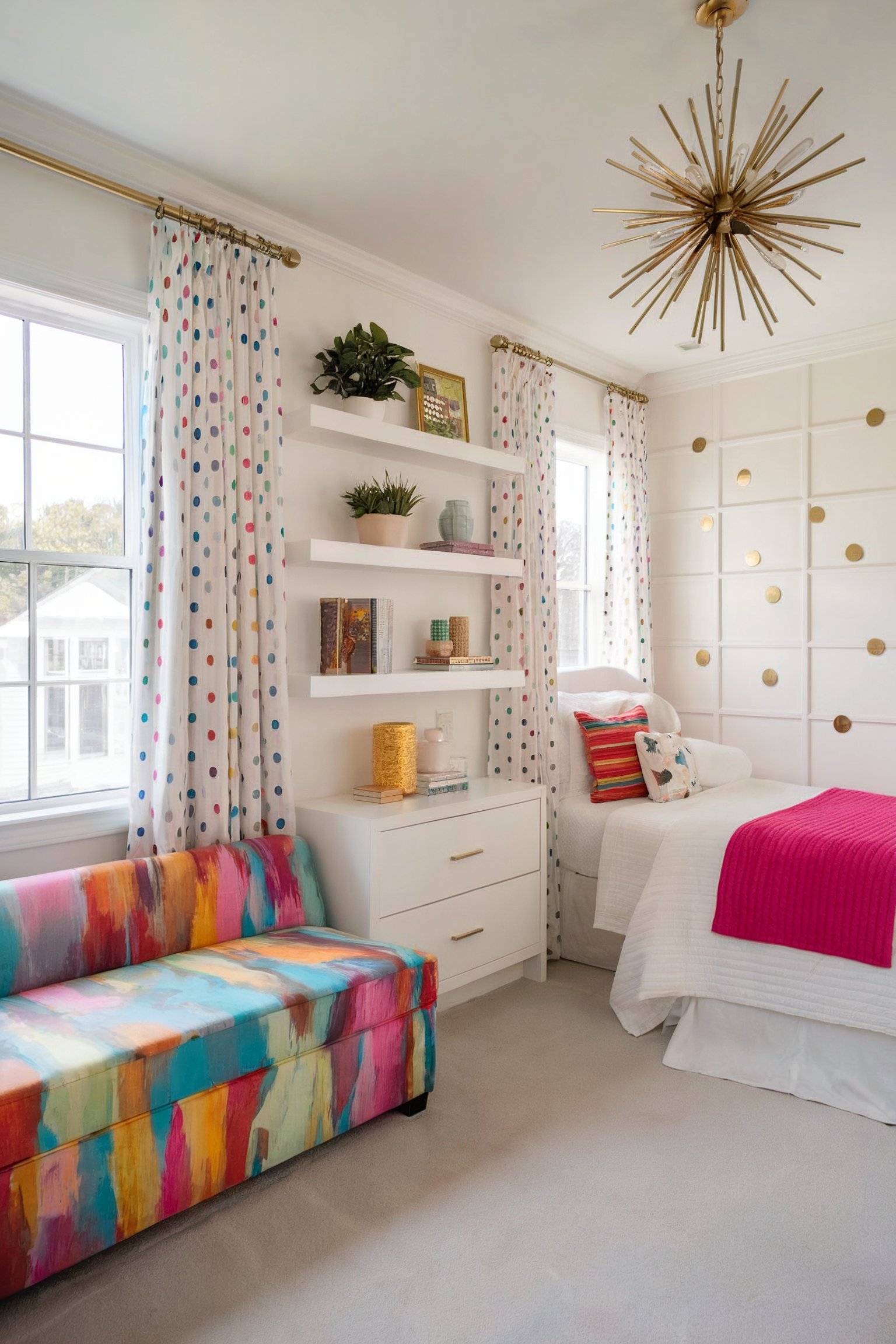 A vibrant, modern bedroom featuring a colorful couch, polka-dot curtains, and a gold starburst chandelier