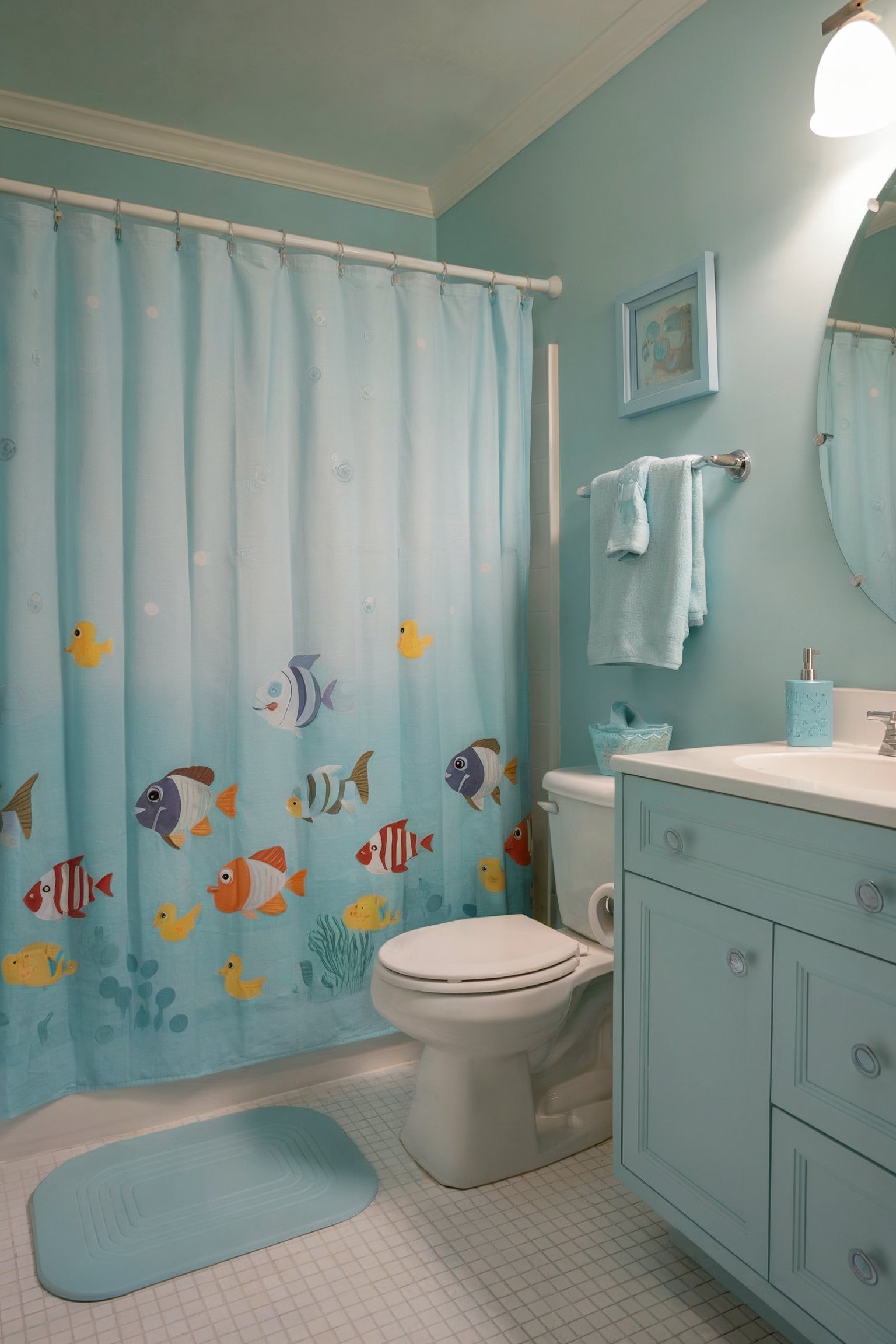 A light blue children's bathroom featuring a fish-themed shower curtain, white vanity, and matching blue accessories