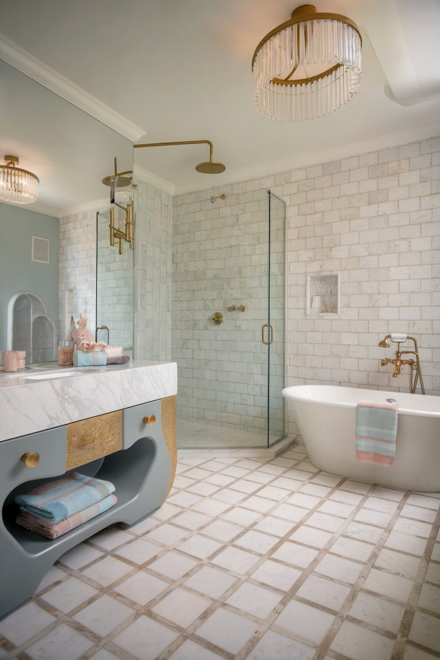 A luxurious bathroom with a freestanding tub, marble tiles, glass shower, and elegant gold fixtures under a crystal chandelier