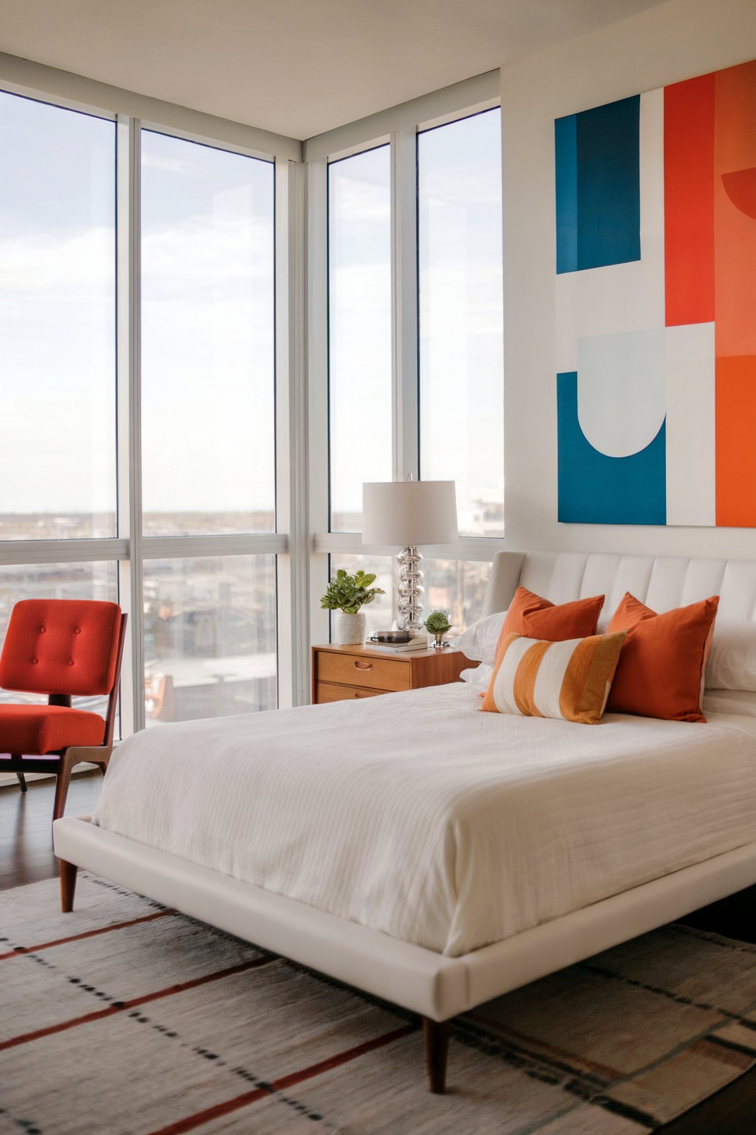 A modern bedroom with floor-to-ceiling windows, a white bed, and bold orange accents