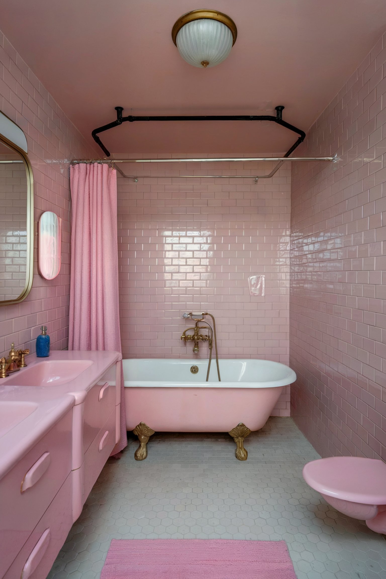 A retro pink-tiled bathroom featuring a clawfoot tub, hexagonal floor tiles, and gold accents, giving it a vintage feel
