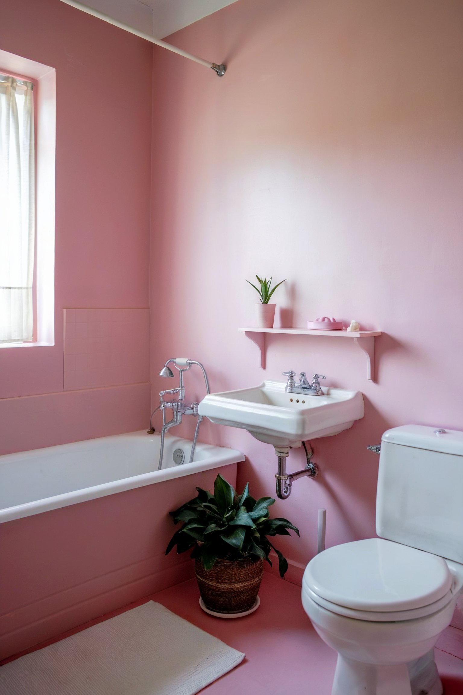A minimalist pink bathroom featuring a simple white sink and bathtub, complemented by a potted plan