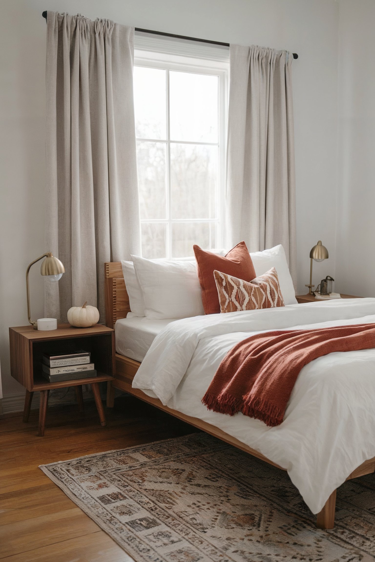 Minimalist bedroom with white bedding and a rust blanket