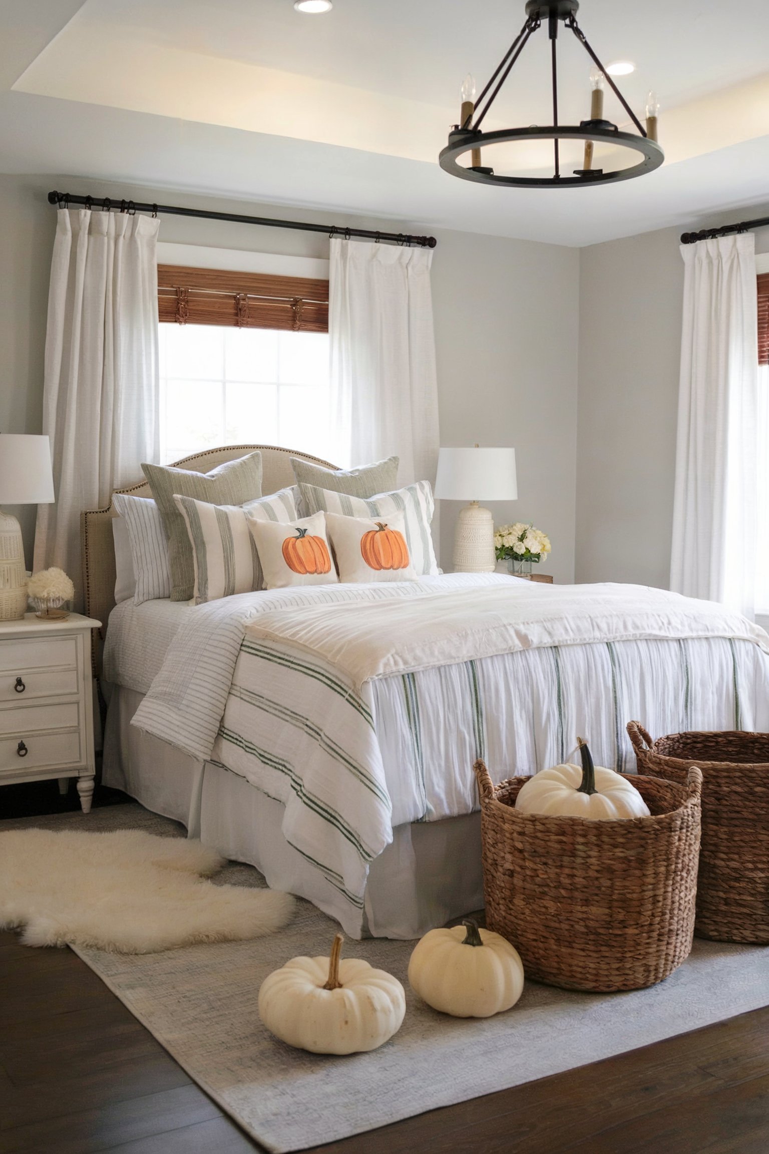 White bed with pumpkin pillows and baskets of pumpkins
