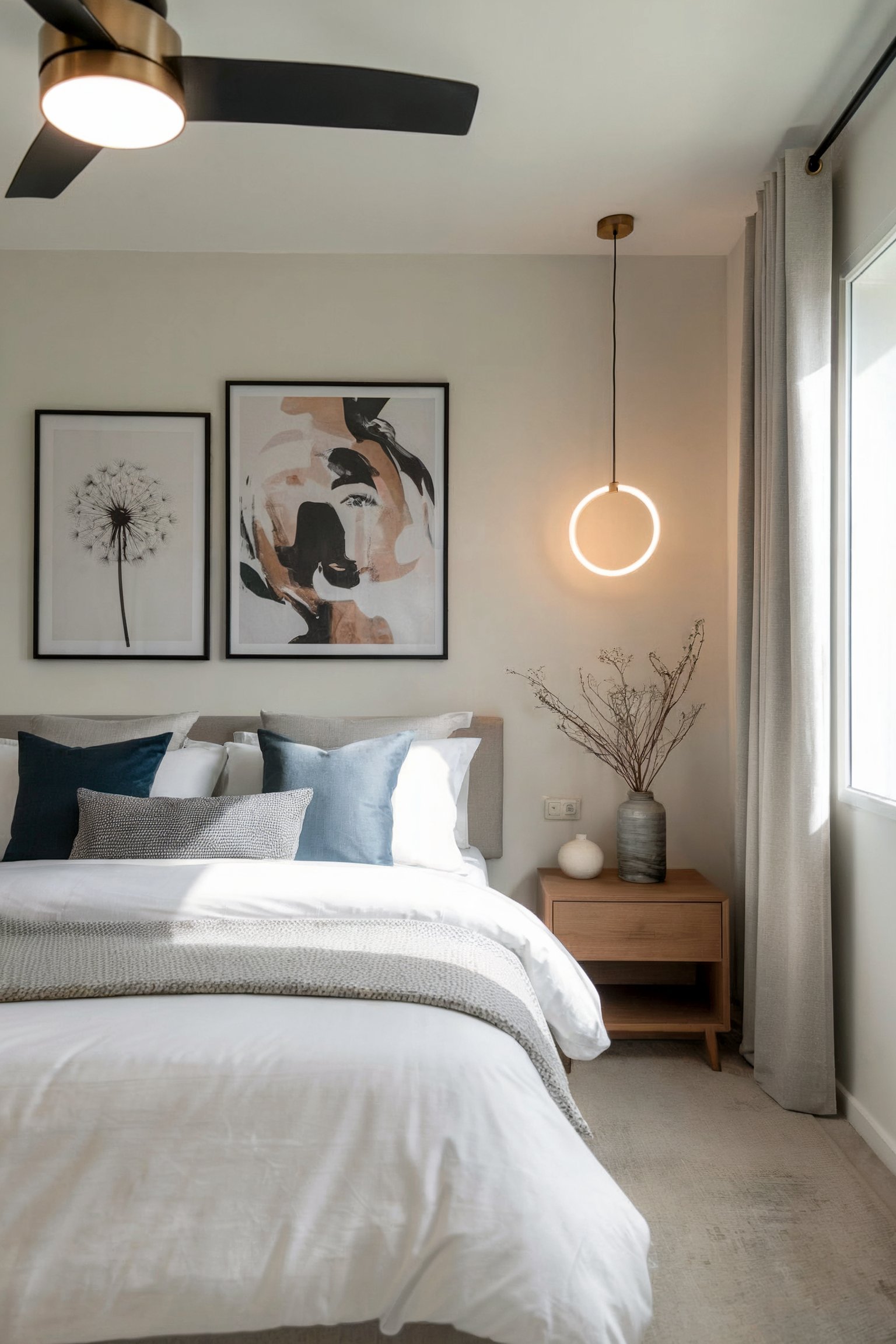 A modern bedroom with a white bed, abstract artwork, and a circular pendant light on the side