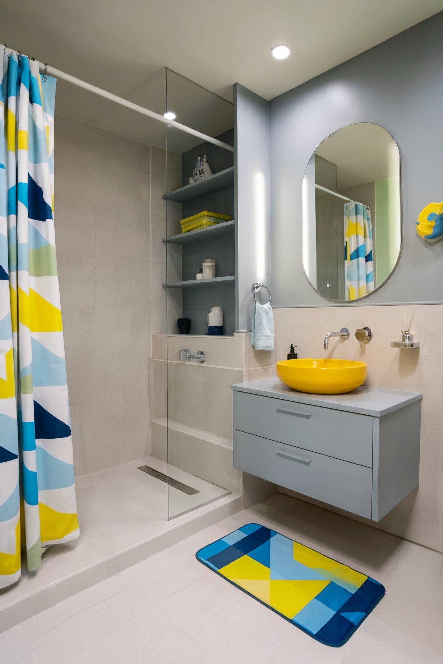 A modern bathroom with a vibrant blue and yellow color scheme, a geometric shower curtain, and a bold yellow sink