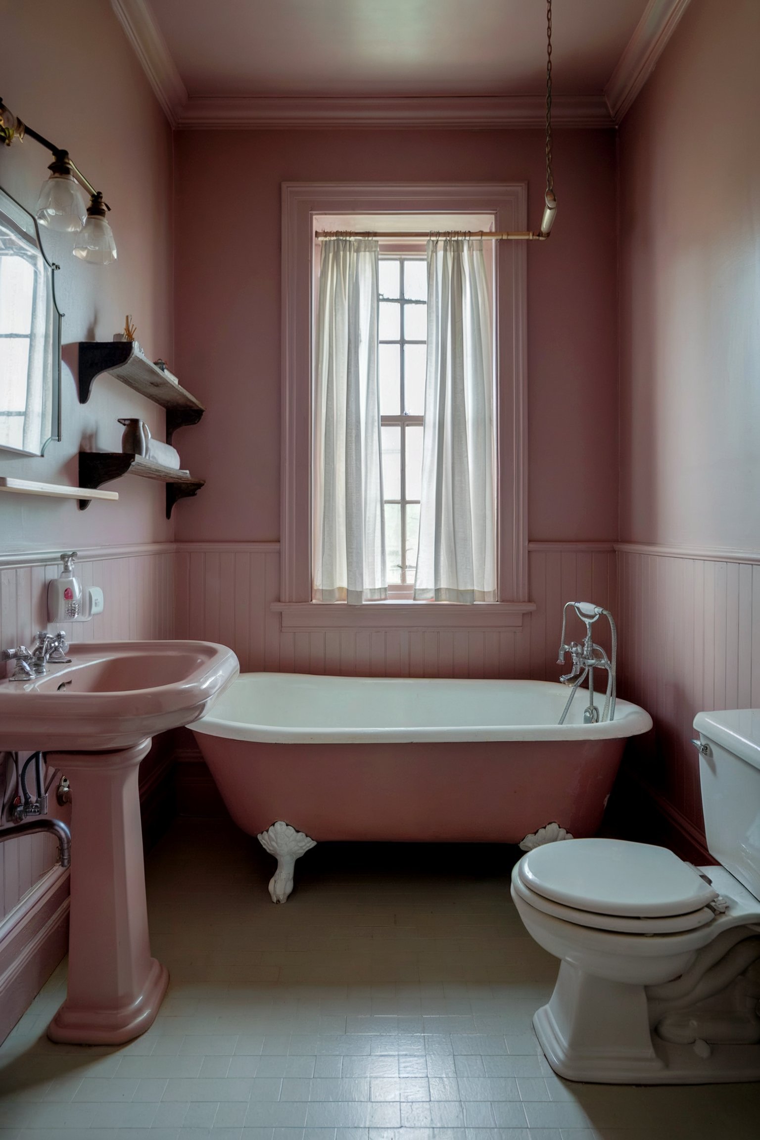 A vintage-inspired pink bathroom with a clawfoot tub, pedestal sink, and soft lighting from a window with sheer curtains