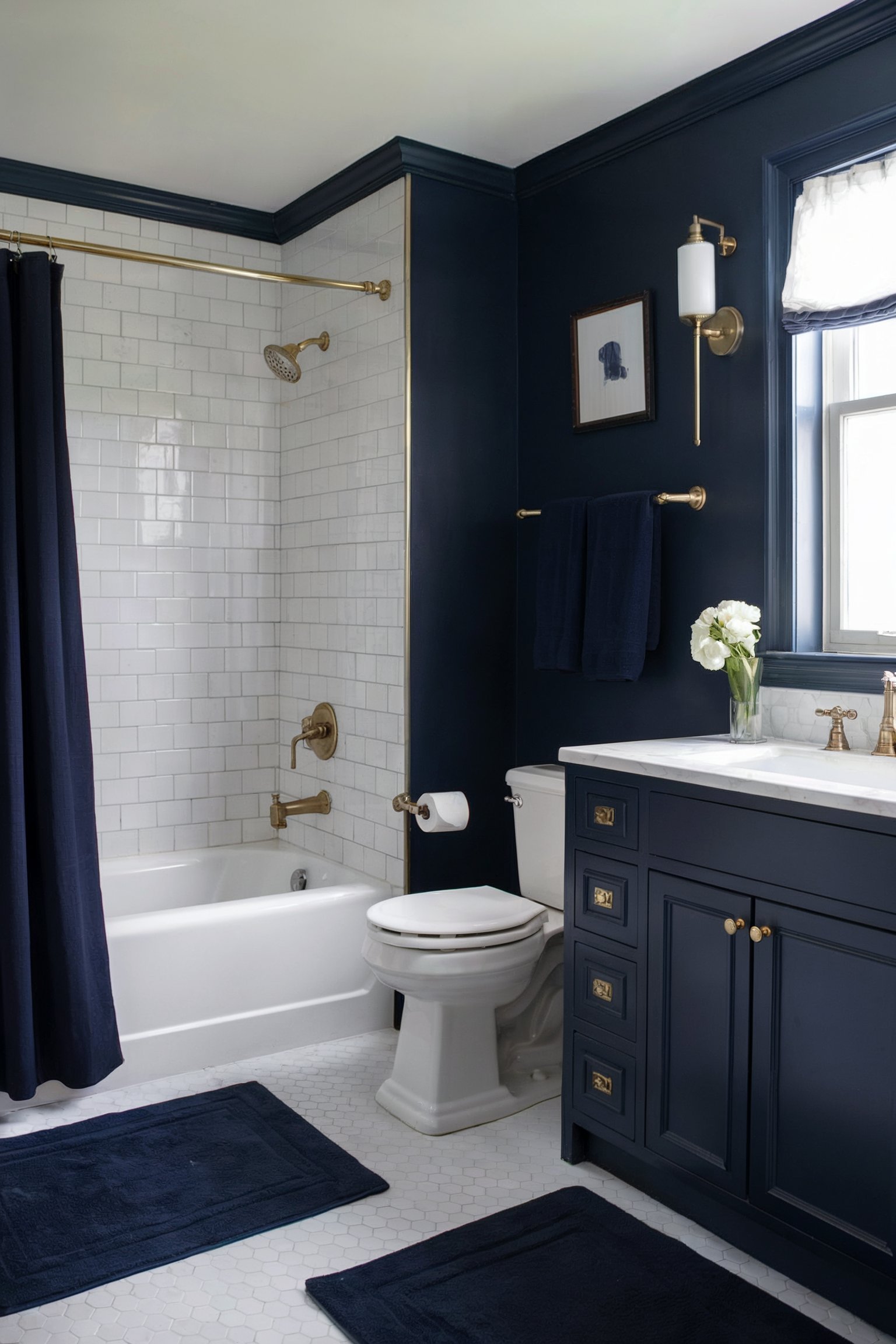 A navy blue and white bathroom with subway tiles in the shower, gold fixtures, and a vanity with navy cabinetry